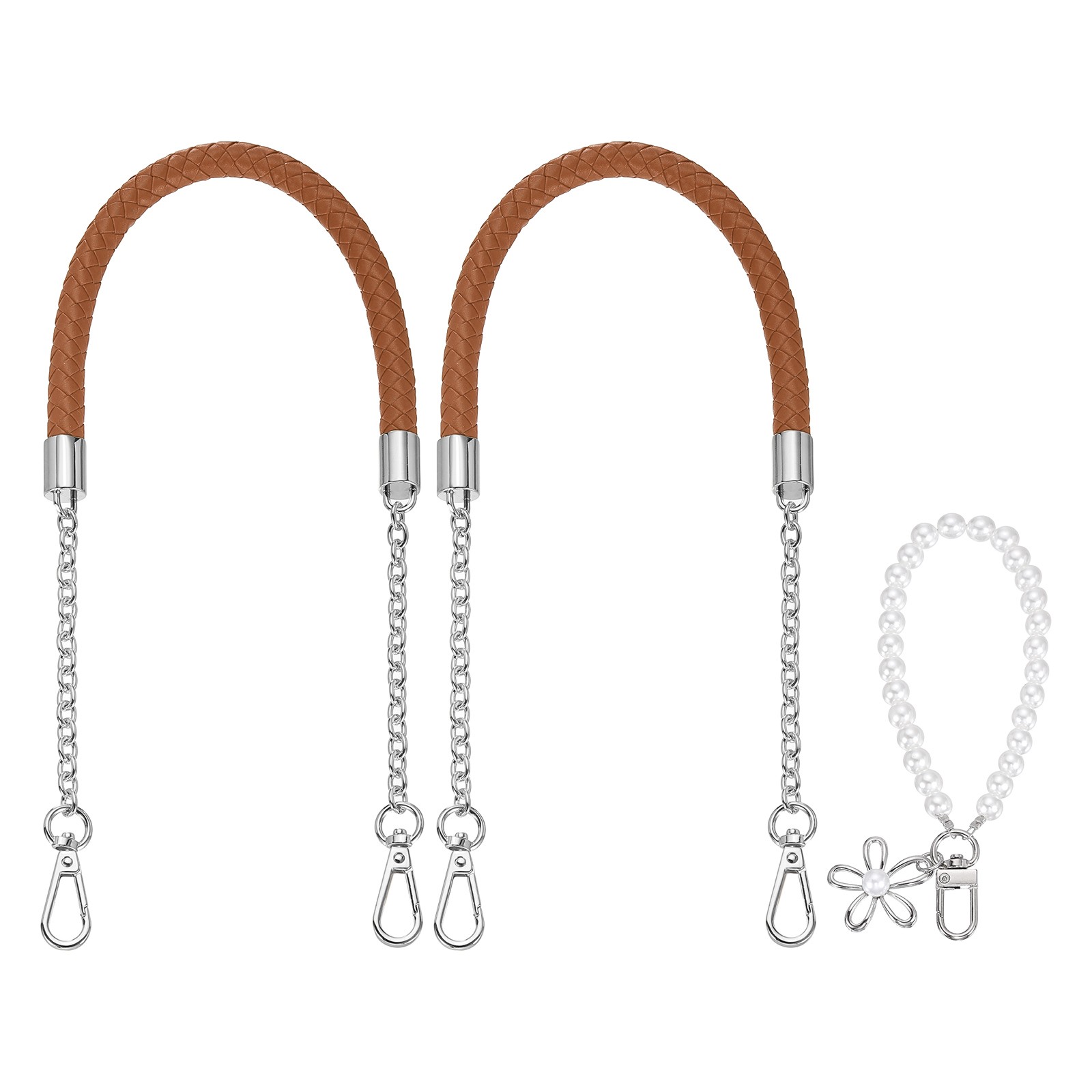 2Pcs 23.6Inch PU Leather Purse Strap with Pendant (Light Brown, Silver Chain)