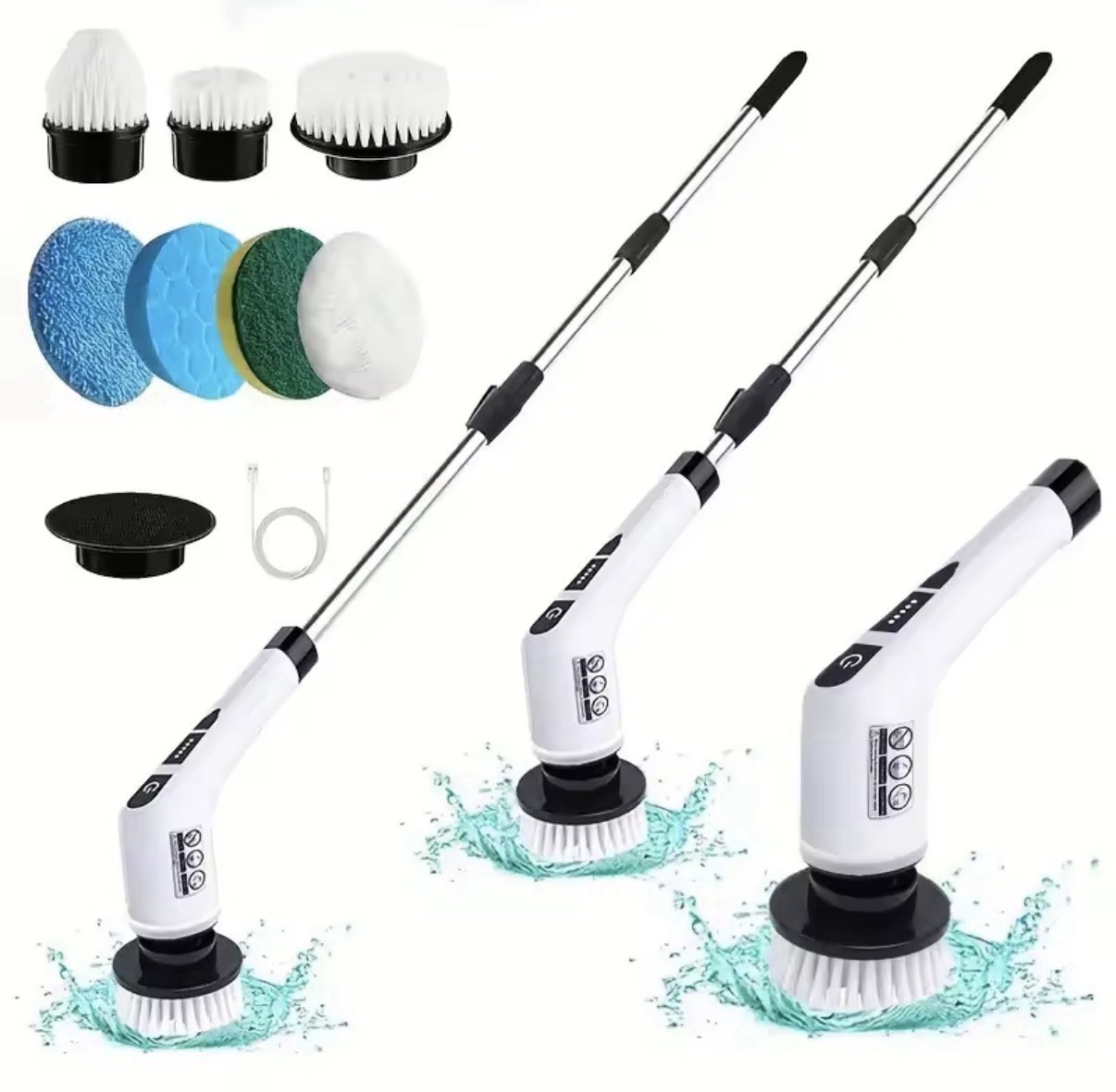 Rechargeable Electric Scrub Brush Kit, 8 Attachments, Adjustable Handle, White