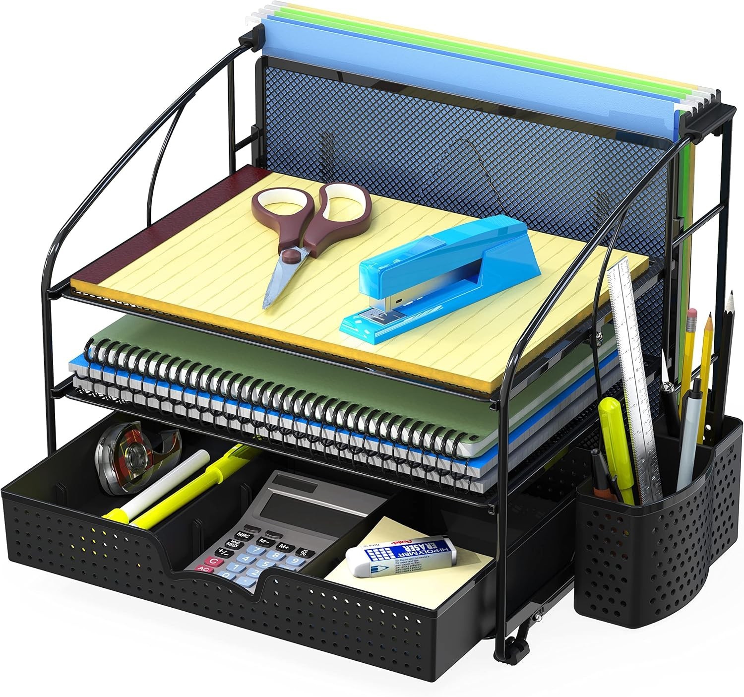 3-Tier Desk Organizer W/ Sliding Drawer Hanging File Holder & Pen Holder