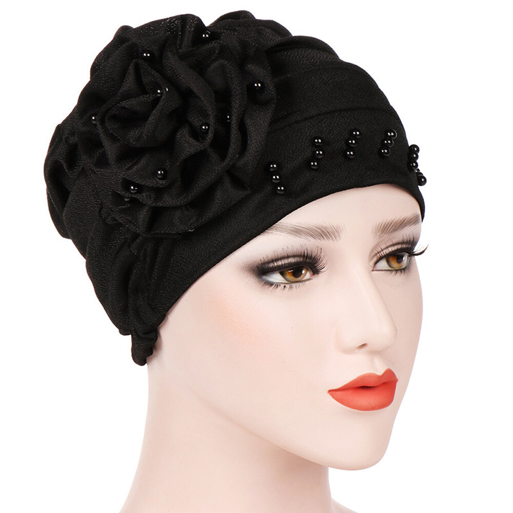 Women Flower Beads Stretchy Turban Hat Slouchy Baggy Cap Hair Head Wrap Cap