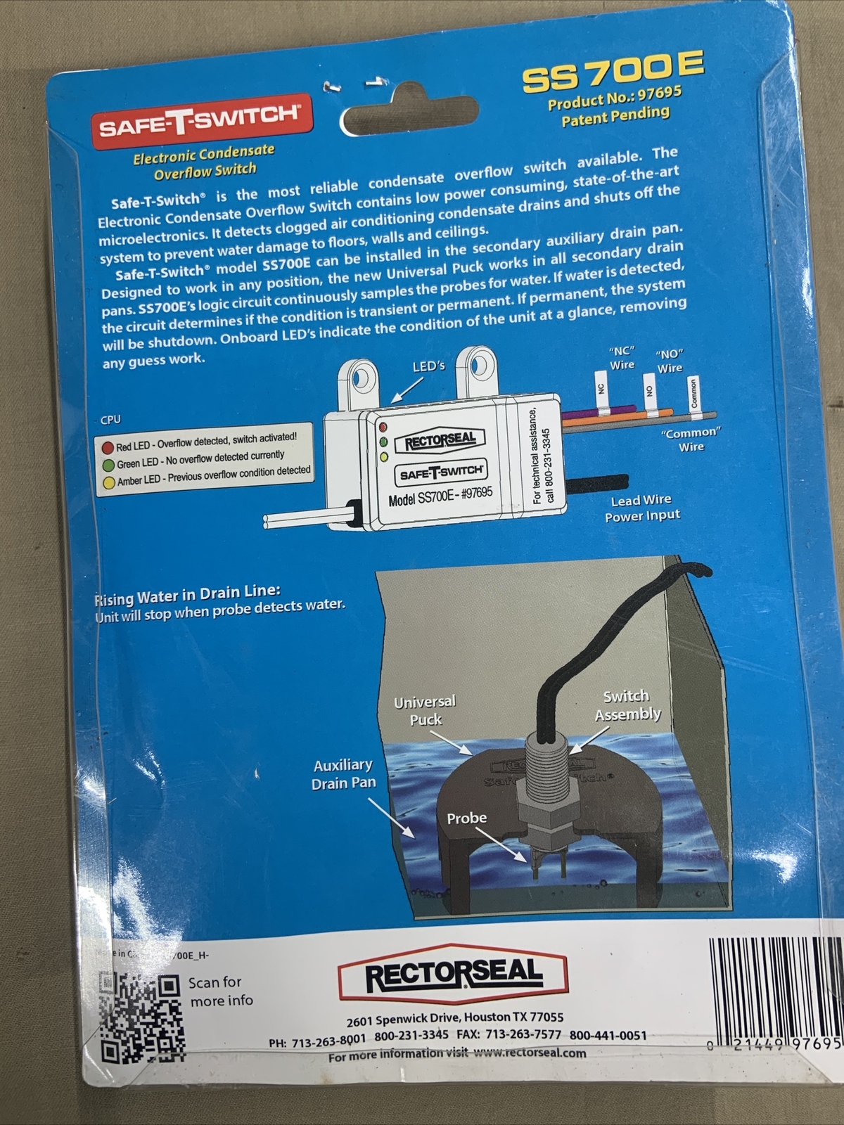 RECTORSEAL 97695 SAFE-T-SWITCH SS700E ELECTRONIC CONDENSATE OVERFLOW SWITCH