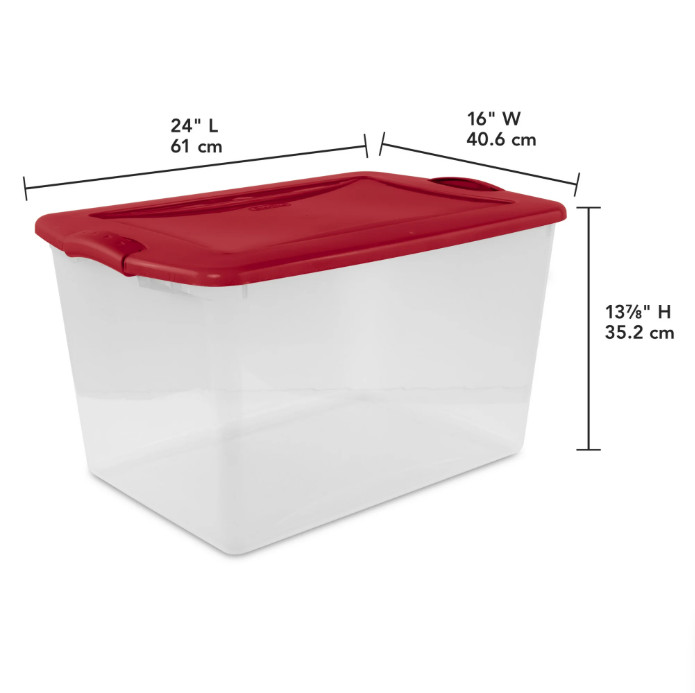 Sterilite 66 Qt Clear Storage Bin with Latch Lid, Red, 6 Pack