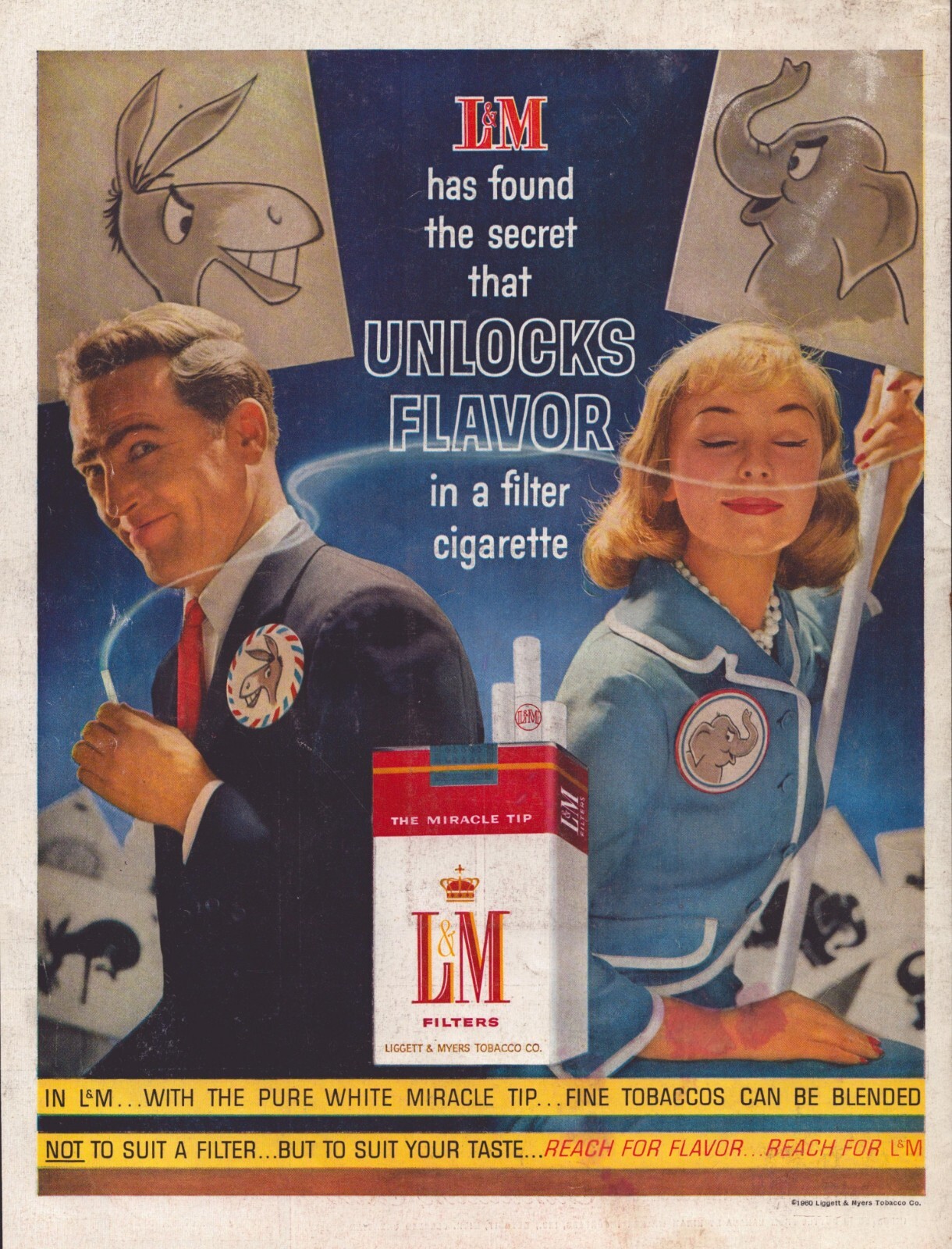 1960 L&M Cigarettes Print Ad Republican Democratic Convention Donkey Elephant