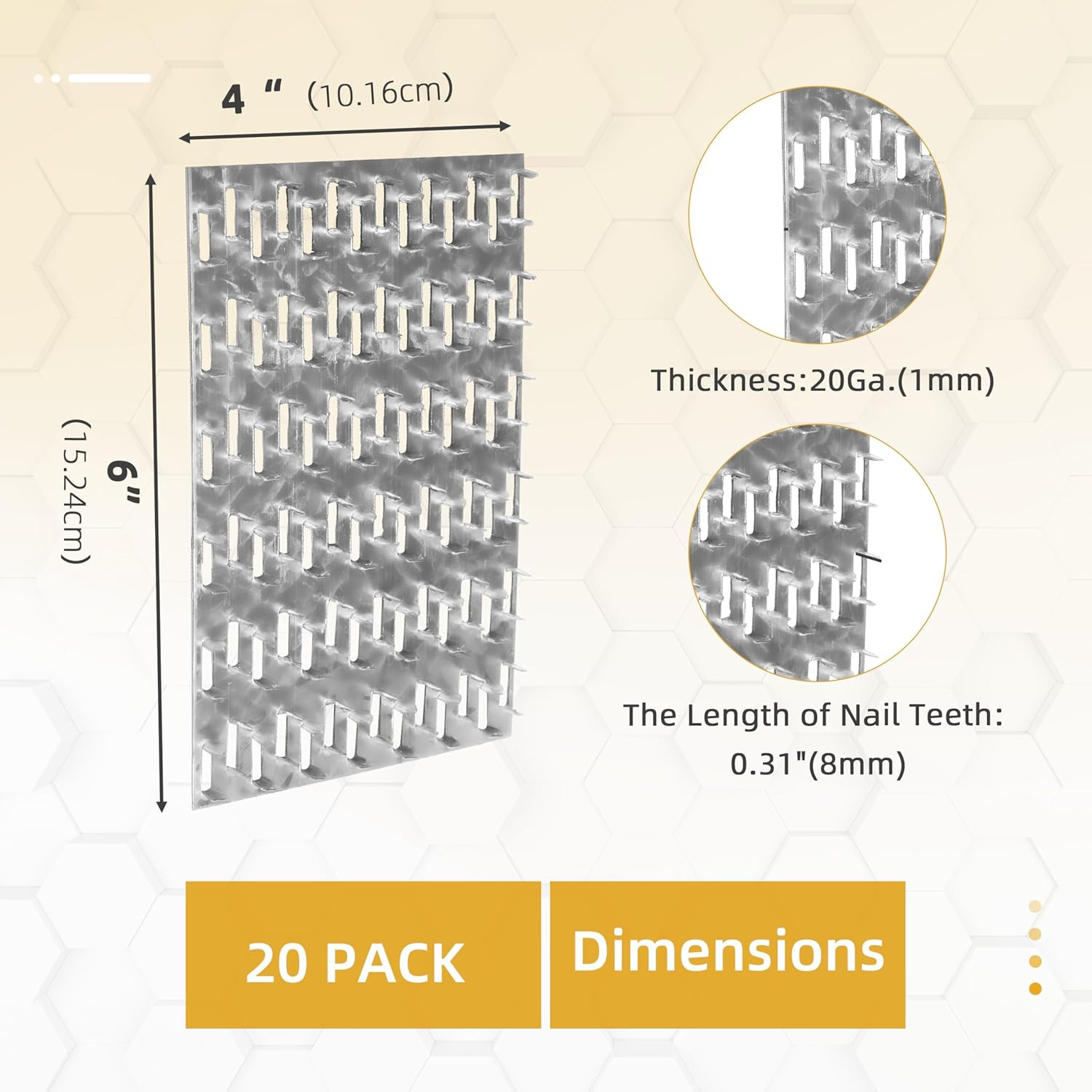 20-Pack 6"x4" Truss Mending Plate Nail Teeth Galvanized Steel Wood Connector 1mm