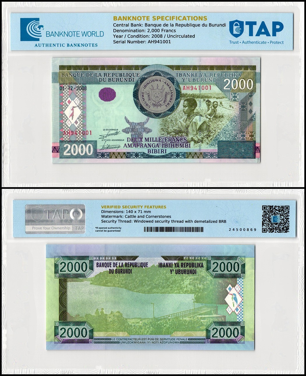 Burundi 2000 Francs, 2008, P-47, UNC, TAP Authenticated