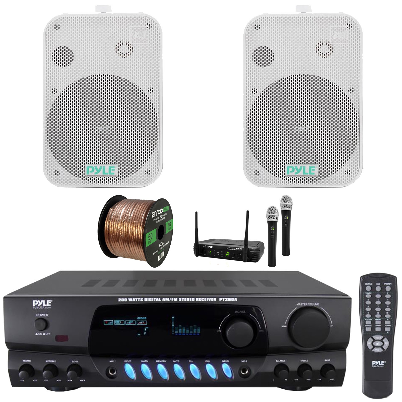 Pyle Digital Radio Home Receiver, 2x 6.5" 500W Max White Speakers Mic System