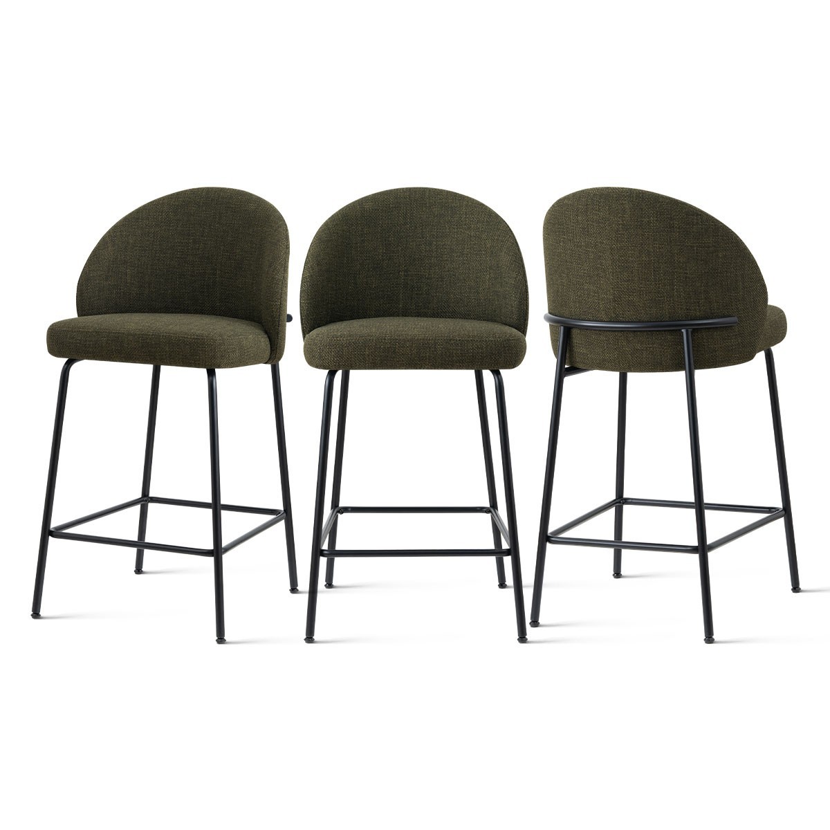 3PCS Modern Counter Height Upholstered Bar Stools With Sculptural Curved Back