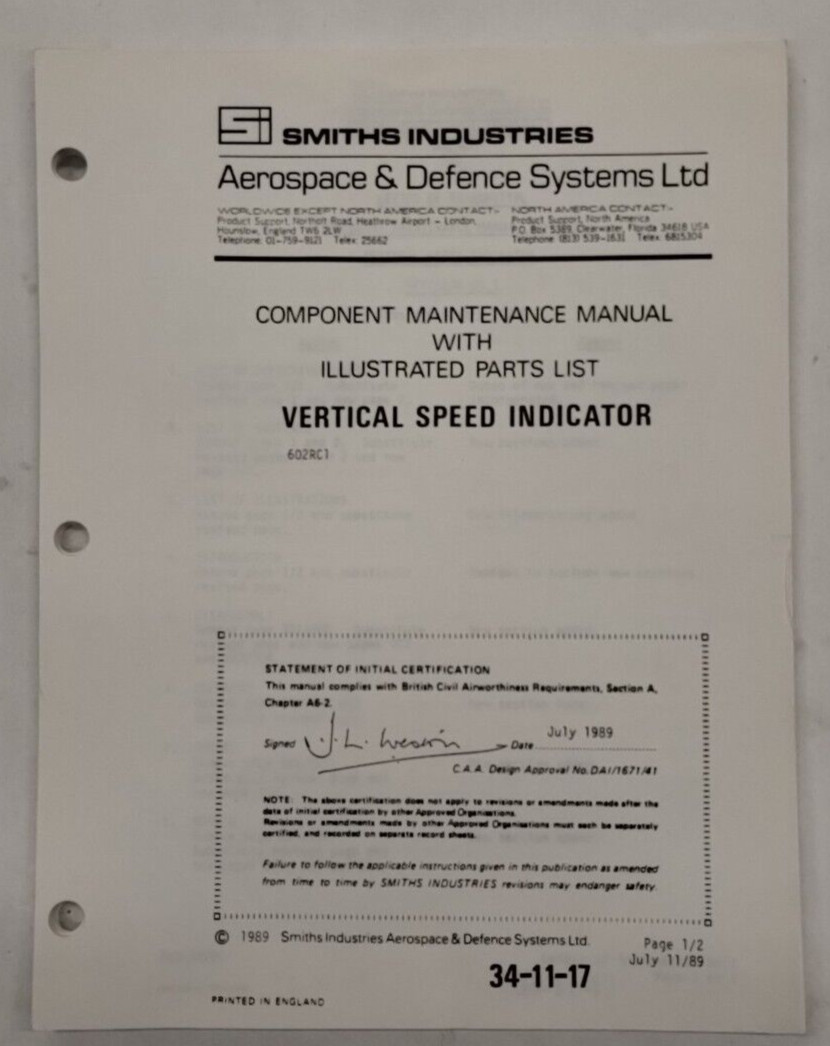 Smiths Industries Vertical Speed Indicator Component Maintenance Illust. Parts