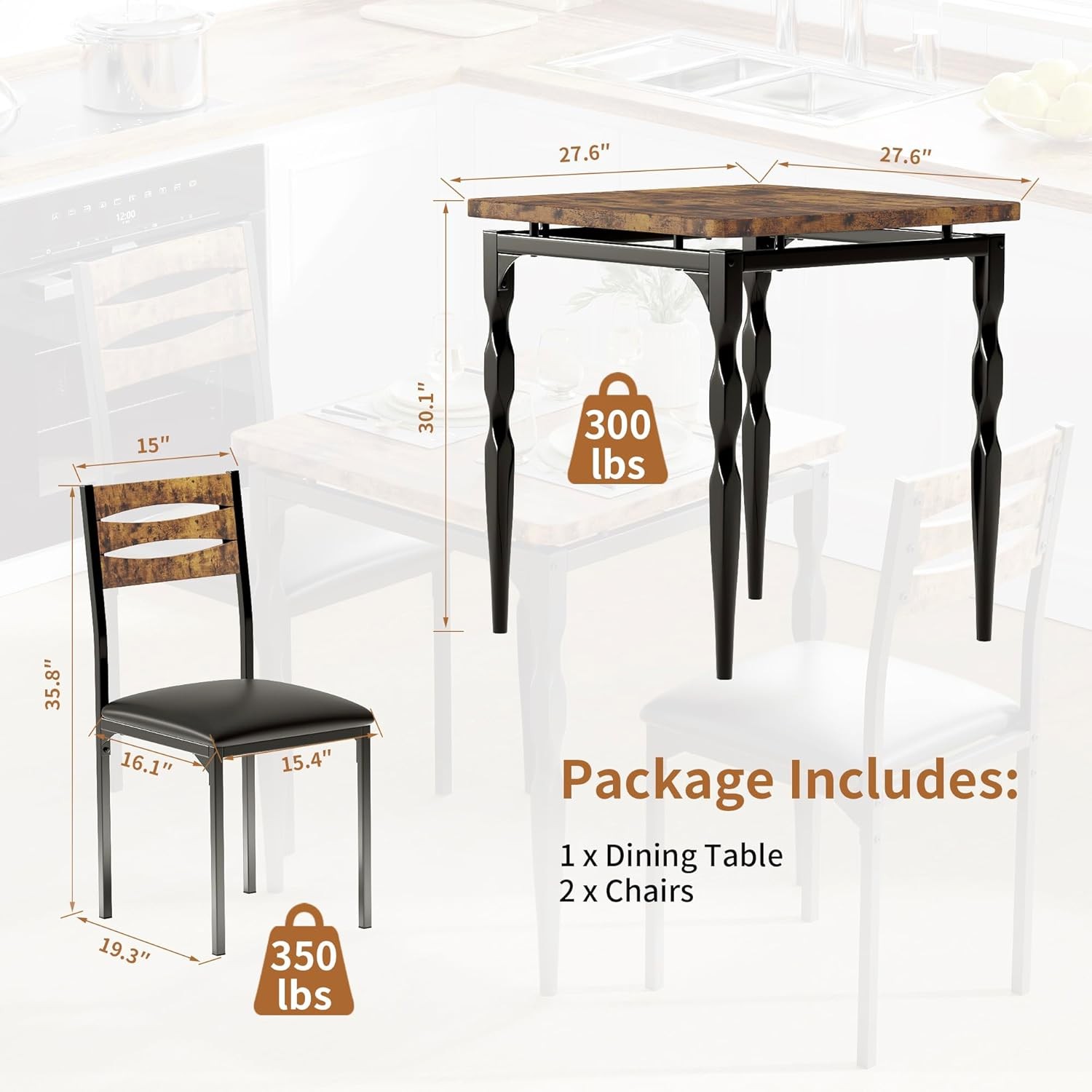 3Piece Dining Table Set Chairs Spiral Legs for Small Spaces Kitchen Apartment