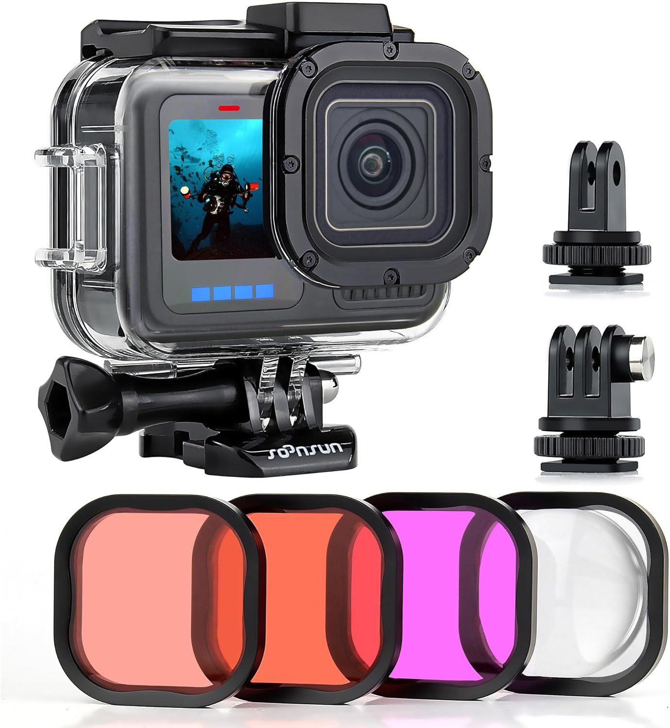 SOONSUN Waterproof Case with Dive Filters for Gopro Hero 13/12 / 11/10 / 9 Black