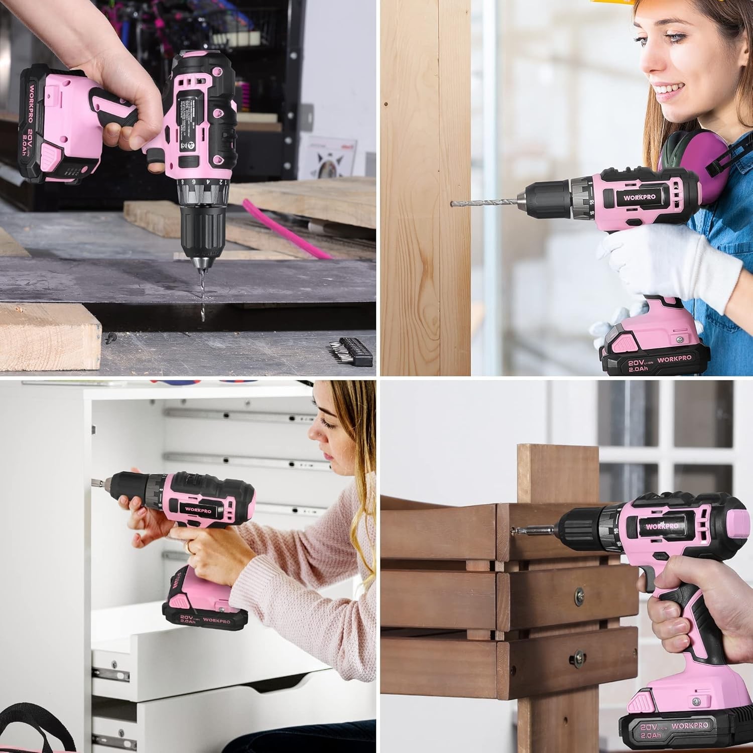Pink Tool Kit with Drill, Tool Set with 20V Cordless Lithium-ion Drill Driver...