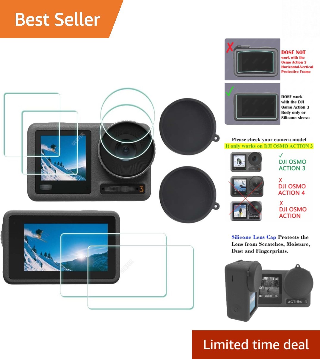 DJI OSMO Action 3 Screen Protector + Lens Cap - 99.99% Clarity, Anti-Scratch