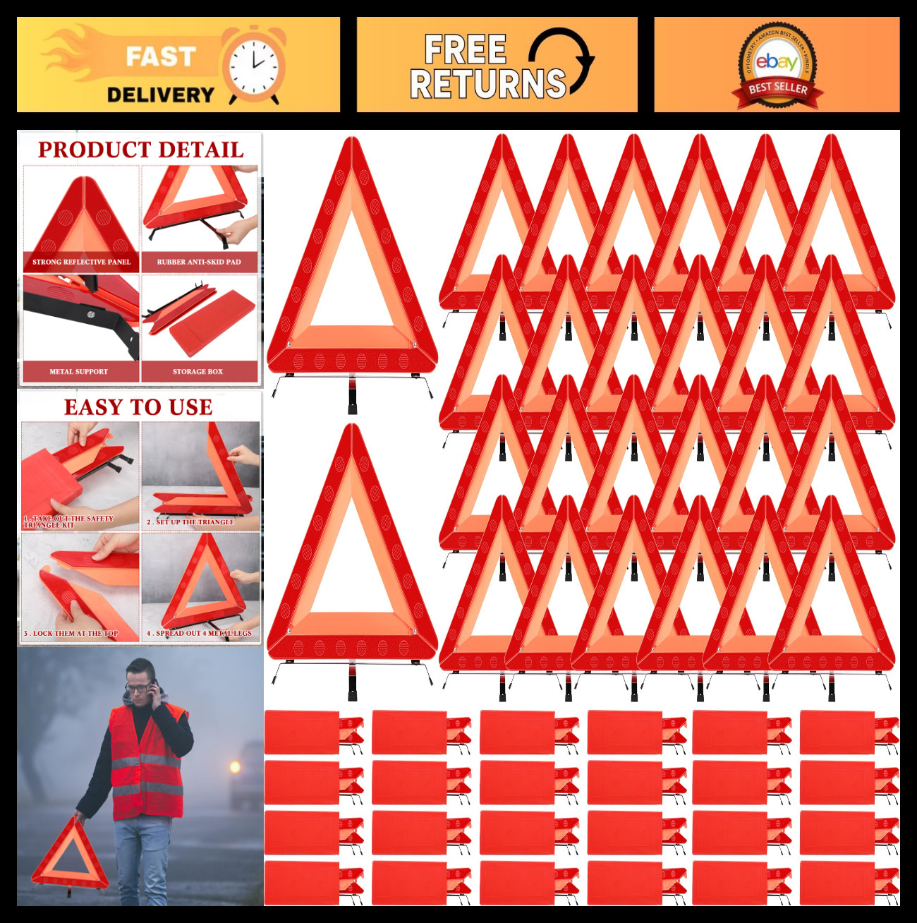 Foldable Emergency Reflective Triangles for Vehicles - 24 Pack Roadside Safety K