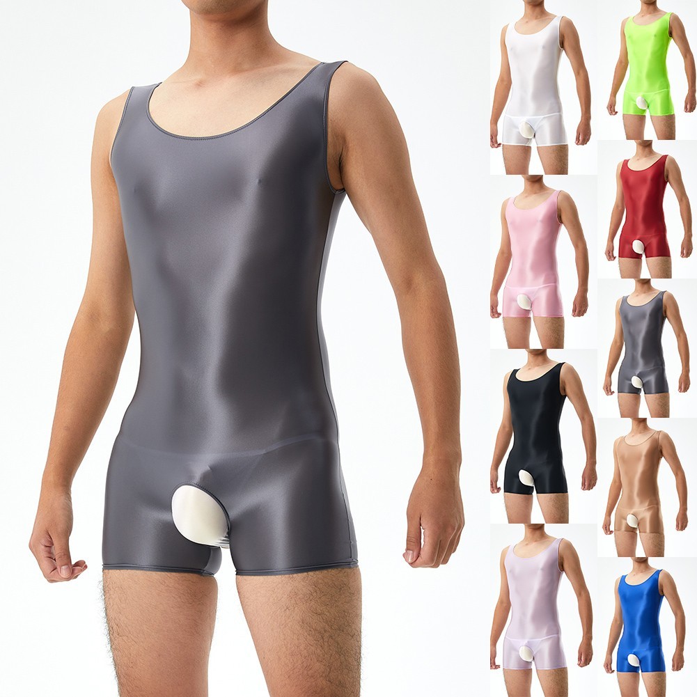 Green Glossy Stretchy Crotchless Sleeveless Bodysuit Jumpsuit Men's Underwear