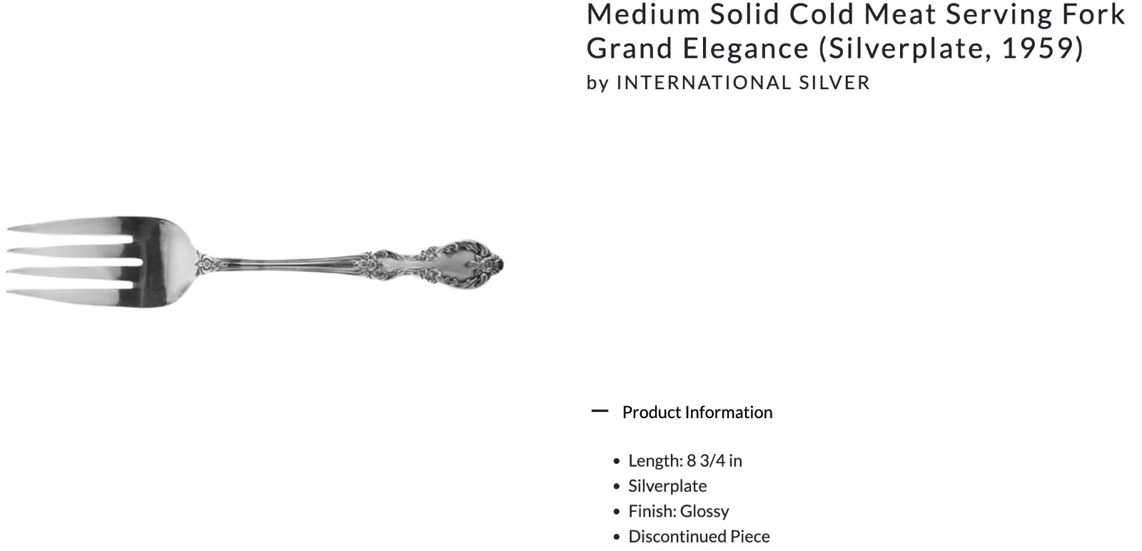 Medium Solid Cold Meat Serving Fork Grand Elegance Silverplate 1959 by Internati