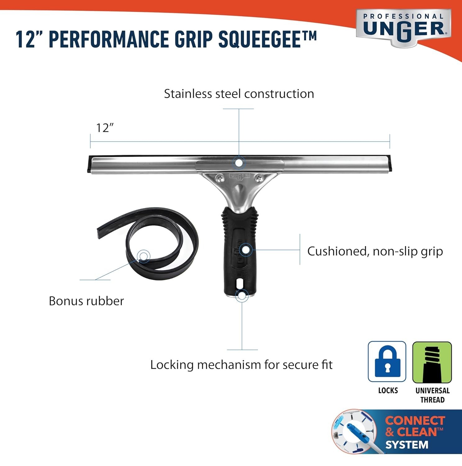 Heavy-Duty 12” Squeegee with Replacement Rubber for Effortless Window Care