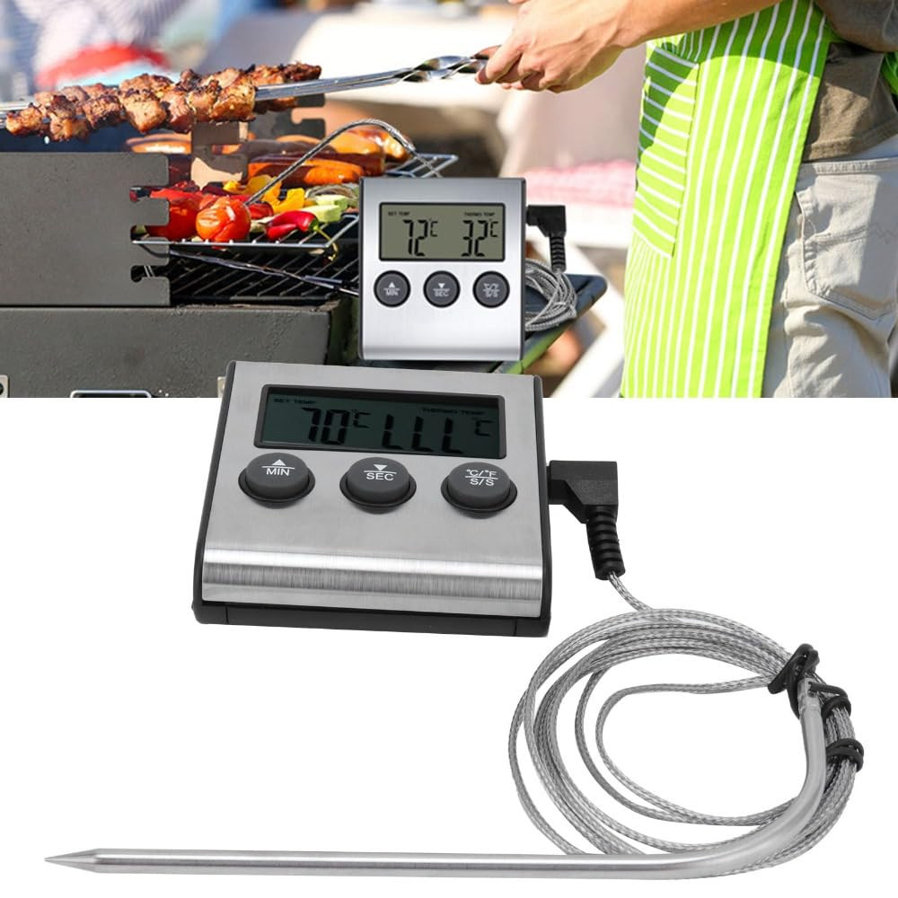 Digital Meat Thermometer with Timer, 0°C to 250°C LCD BBQ Probe Thermometer with