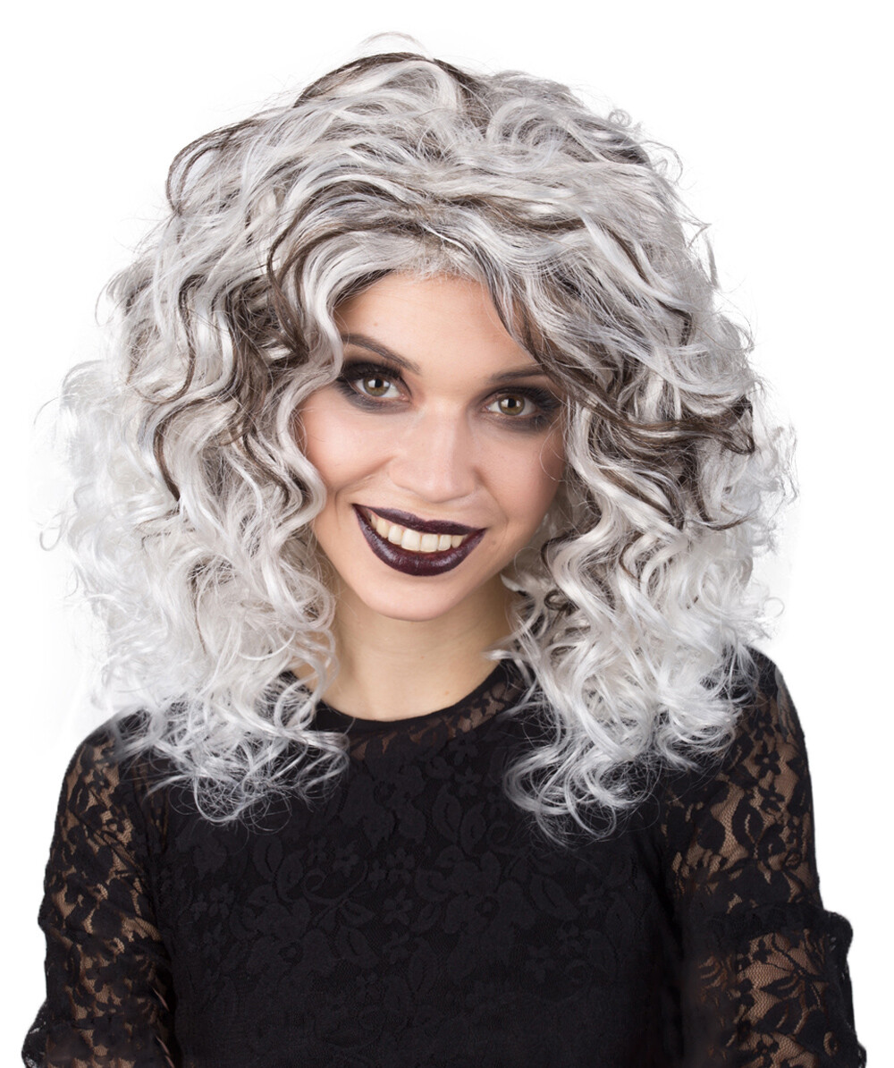 Women's Black and White Color Curly Shoulder Length Trendy Queen Wig HW-6817