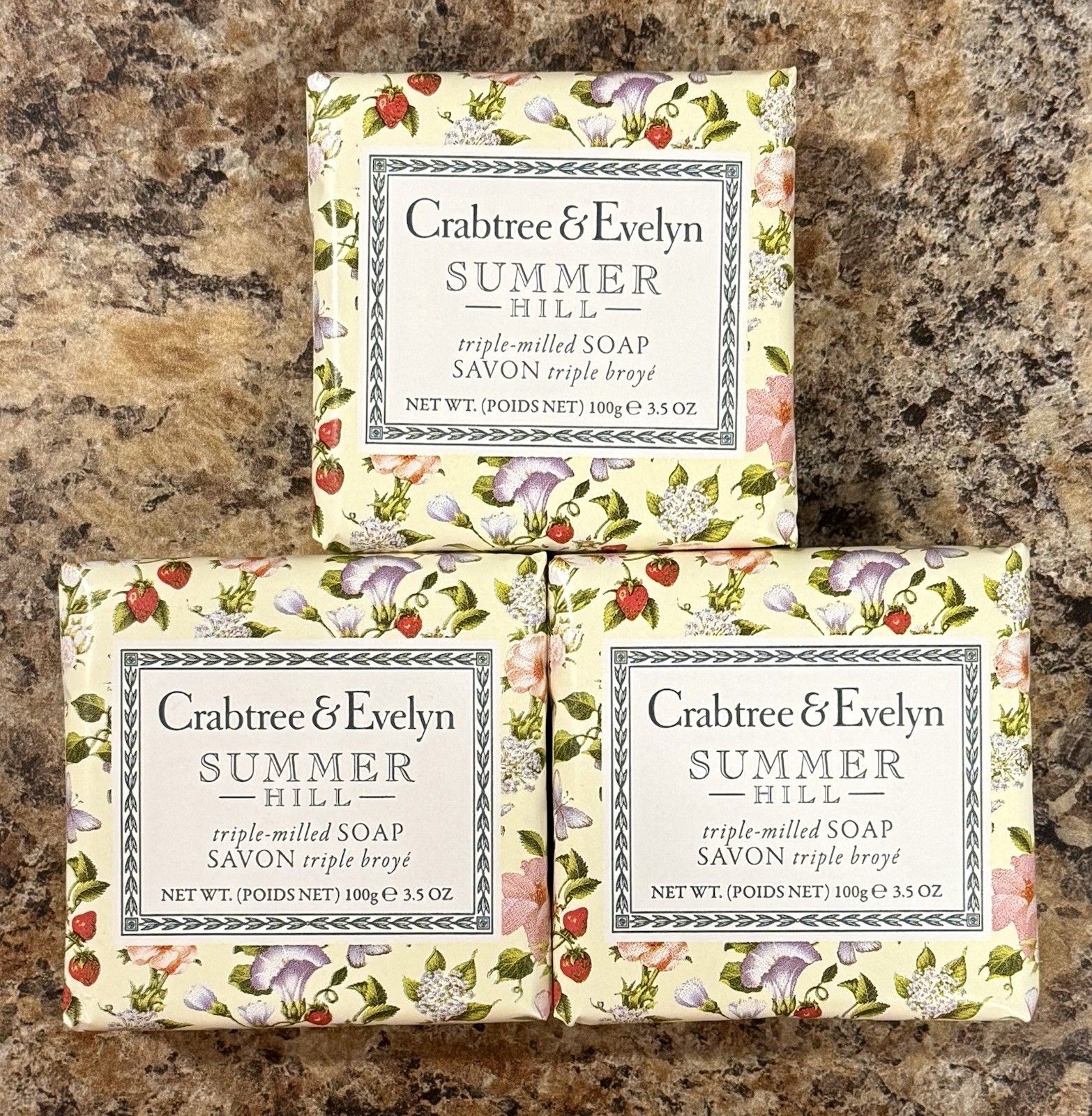 Crabtree & Evelyn SUMMER HILL Triple Milled Soap Bar Set of 3 - 3x 3.5oz