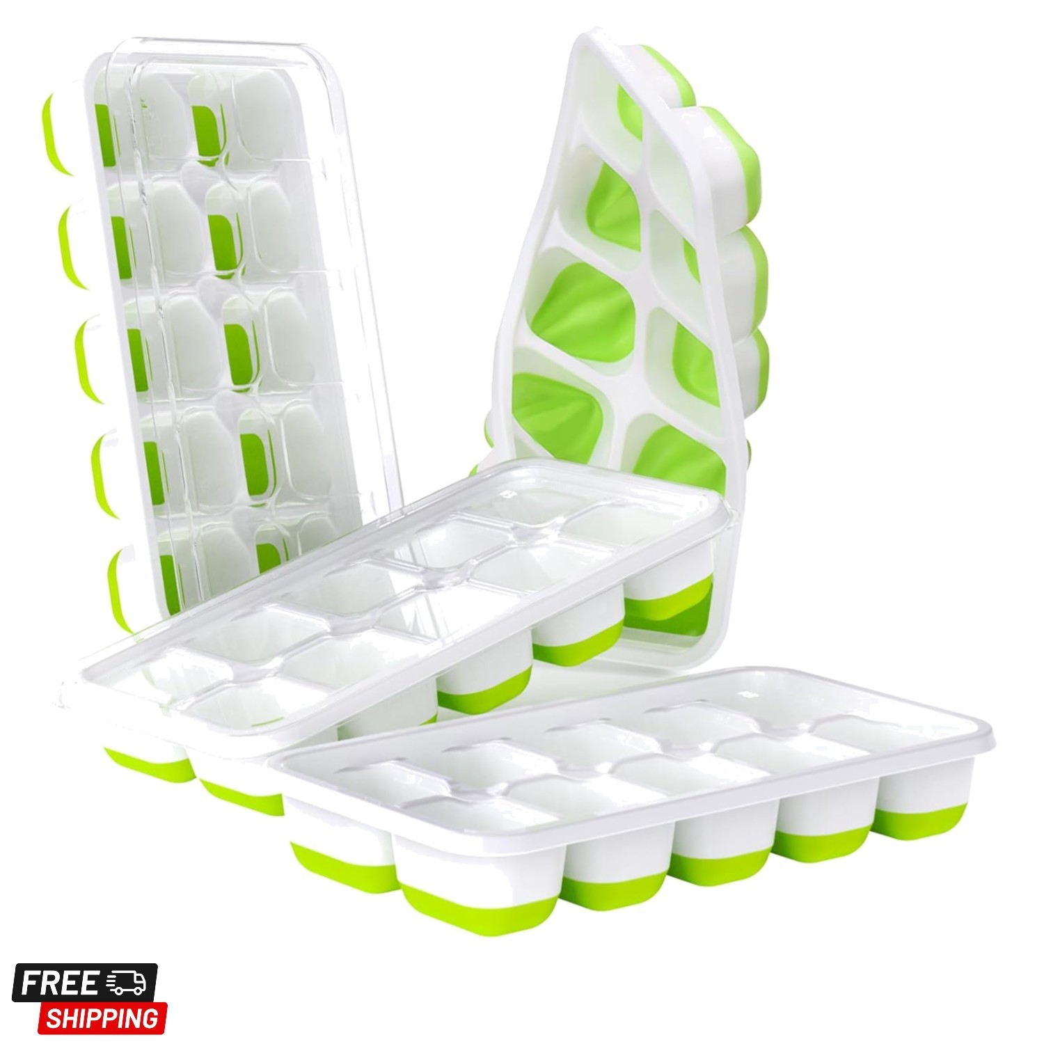 Ice Cube Tray with Lids - 4 Pack Stackable Silicone Ice Trays for Freezer, BP...