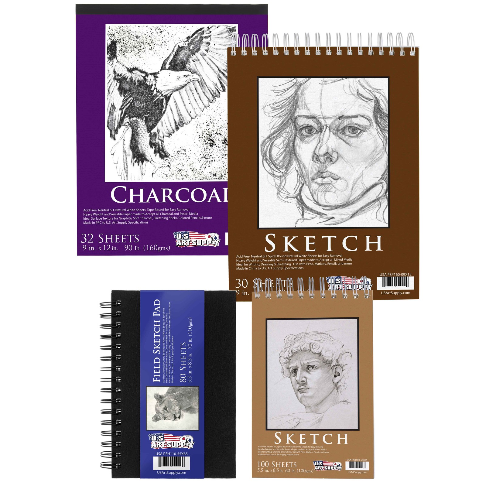4 Sketching and Drawing Paper Pads, Spiral Bound Sketch, Draw, Charcoal Pencil