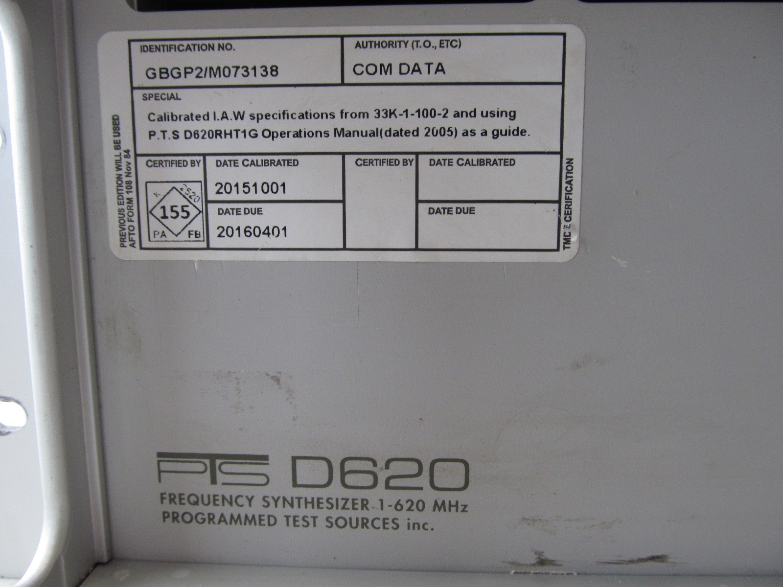 PTS D620 Frequency Synthesizer Test Source 1-620 MHz D620RHT1G