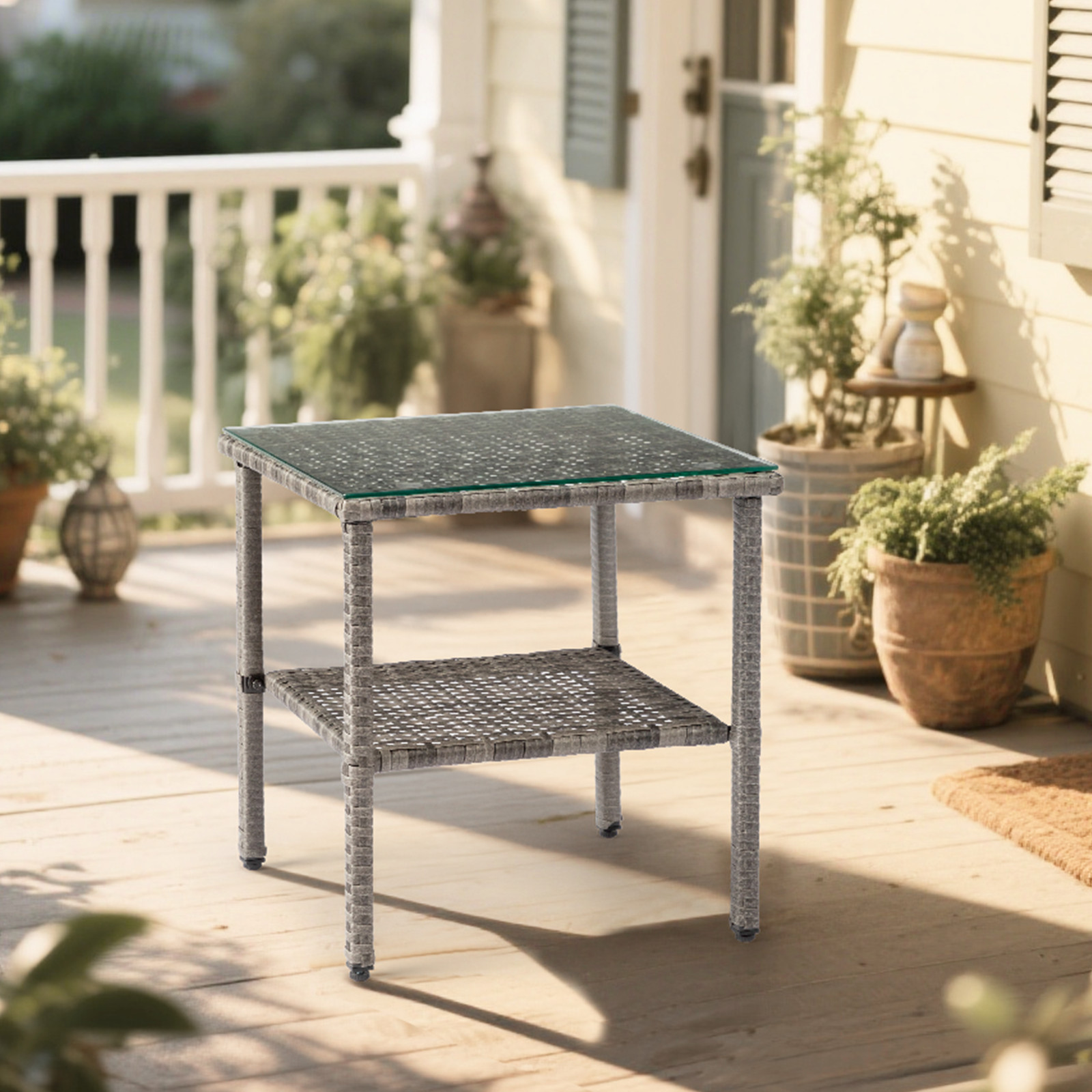 Brand New Square Double-layer Glass Tabletop Gray Gradient Rattan Edge Table-