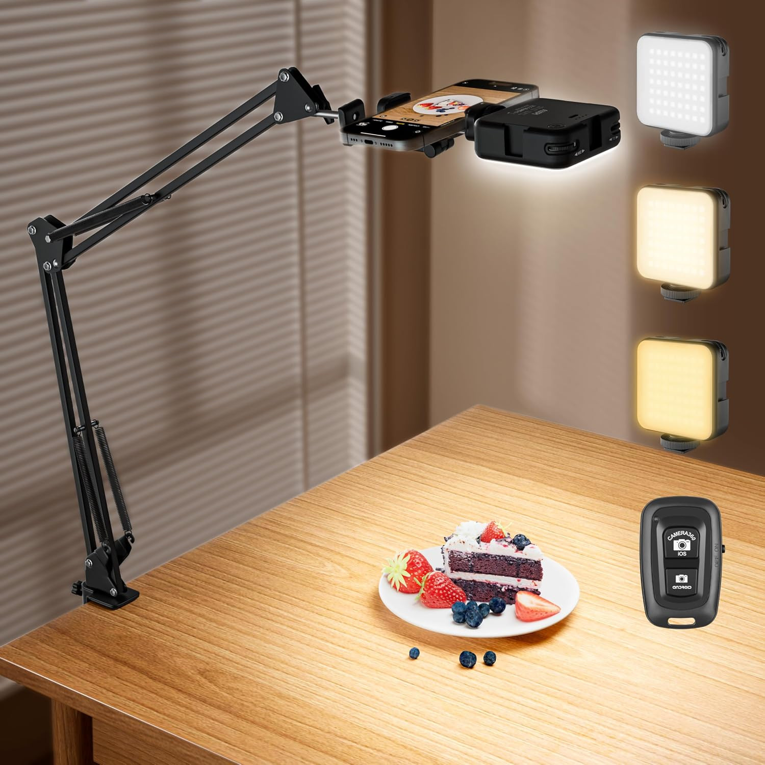 Overhead Phone Mount with LED Selfie Light and Bluetooth Remote, Rechargeable Ri