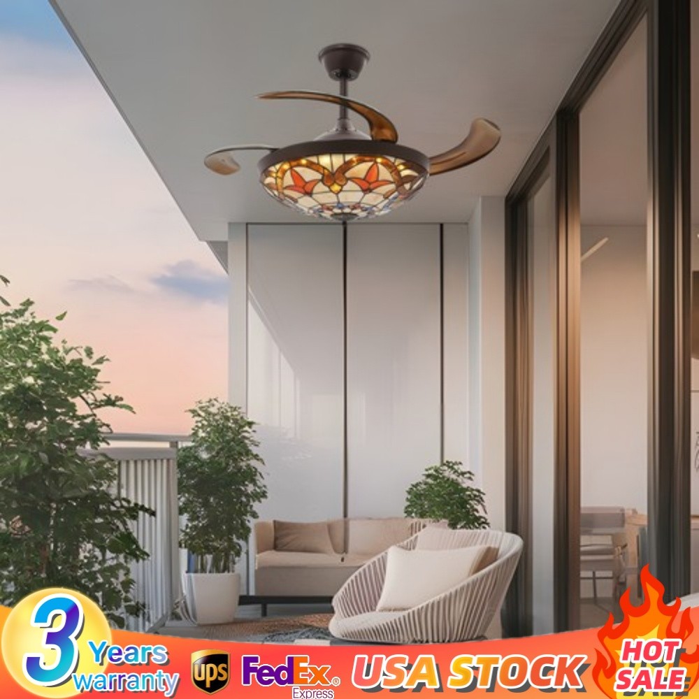 Tiffany Ceiling Fan with Light Glass Shade , LED Retractable Chandelier Stained