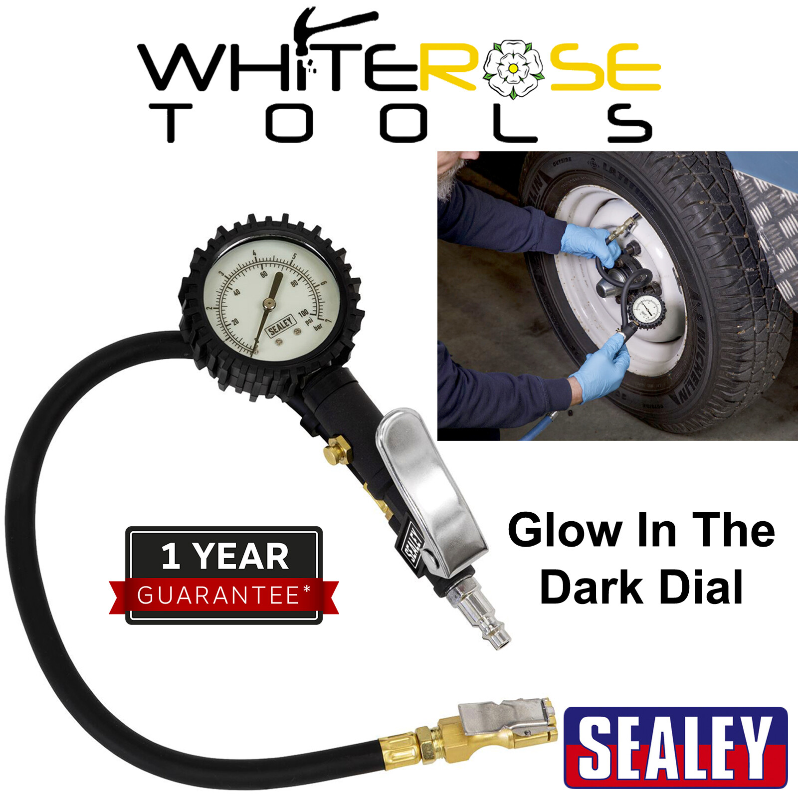Sealey Tyre Inflator Clip On Connector Glow in the Dark Dial Gauge Air Line Pump
