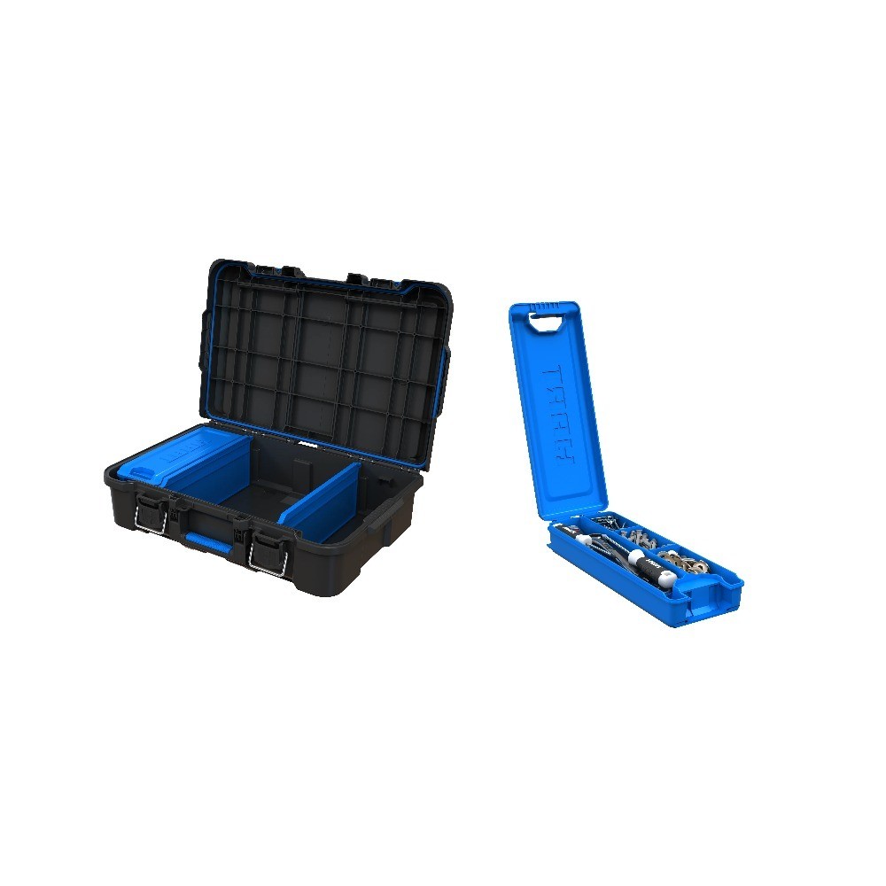 Modular Stackable Tool Box with Small Blue Organizer and Adjustable Dividers for