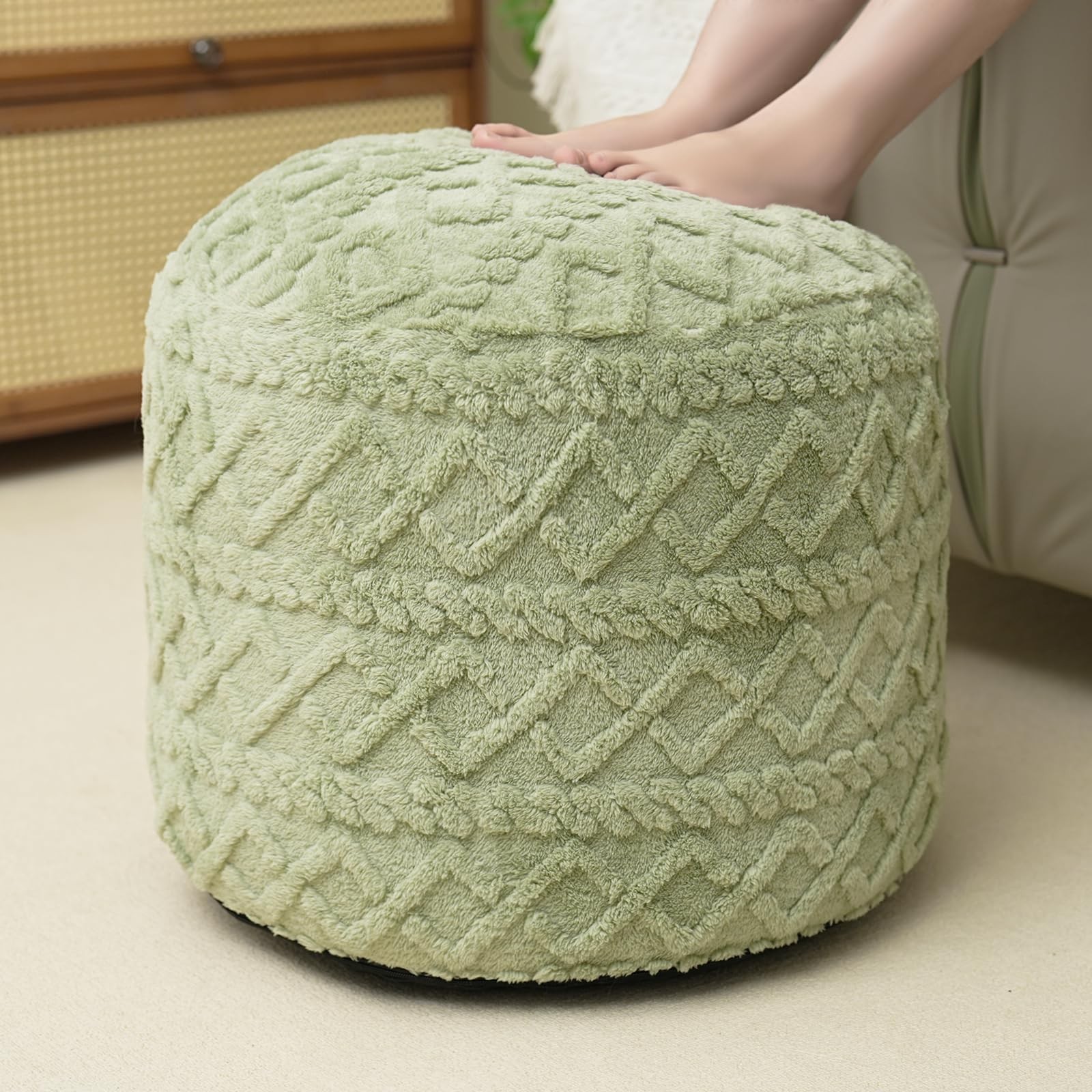 Round Stuffed Pouf Ottoman for Foot Rest, Faux Fur Poufs with Foam Chunk Fill...