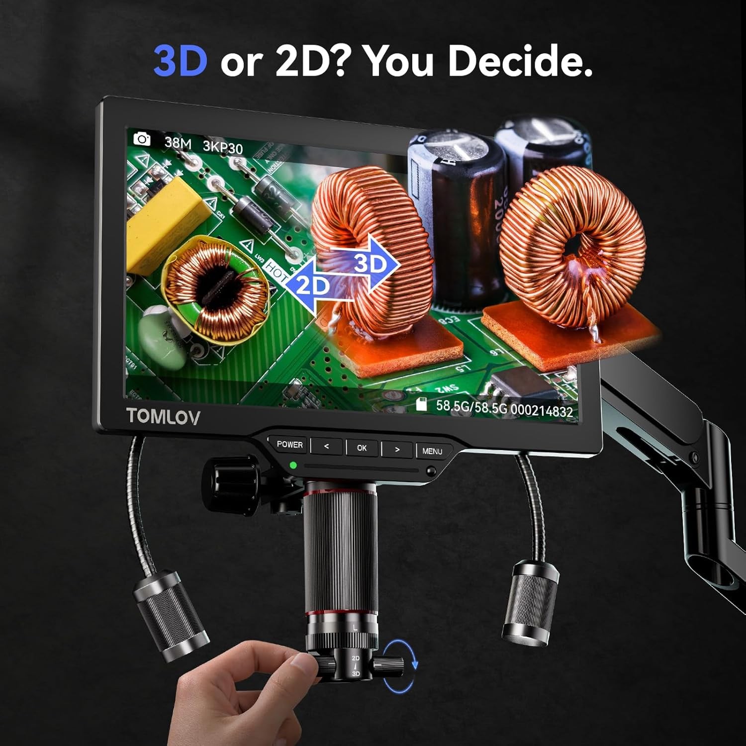 TOMLOV 3D Digital Soldering Microscope 2000X 3K 10" Coin Microscope Flex Arm