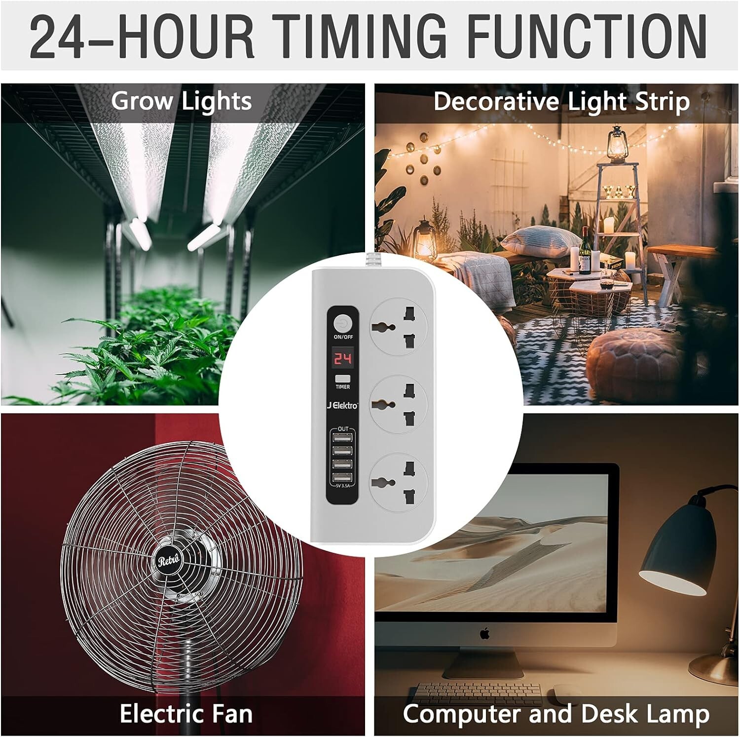 Universal Power Strip, 3 Way Universal Outlets 4 USB, 4.59 FT, 24 hour timer