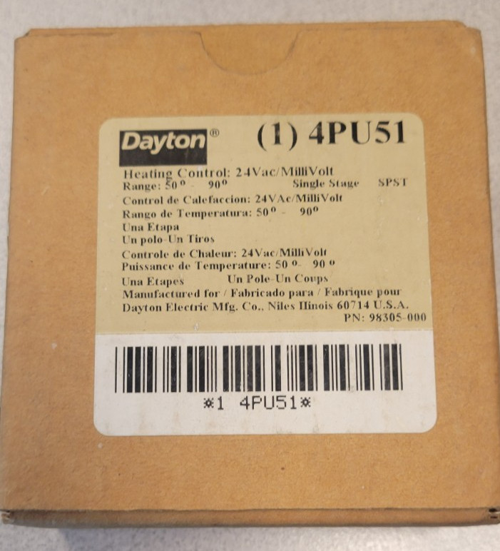 Dayton 4PU51 Low Voltage Thermostat, Hardwired, 24Vac./MV New