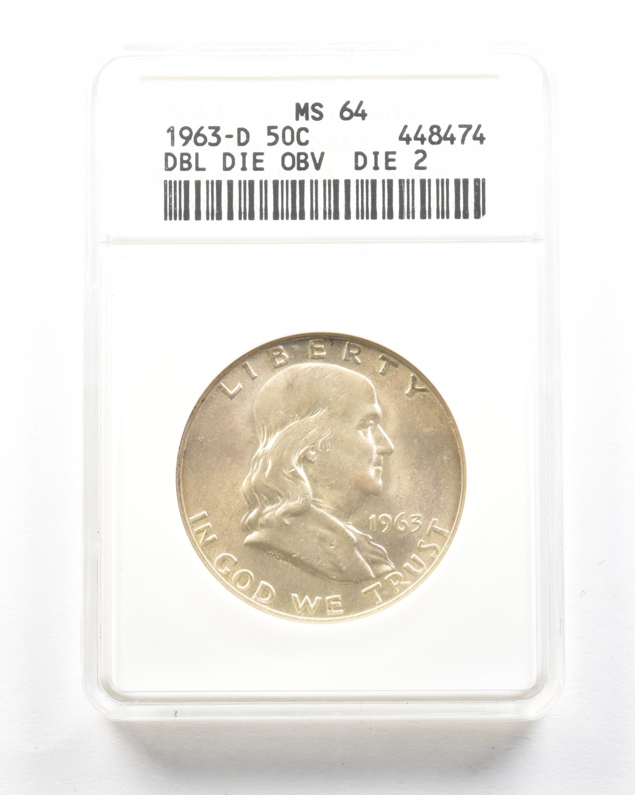 1963-D Franklin Half Dollar DDO Die 2 MS64 ANACS *2030