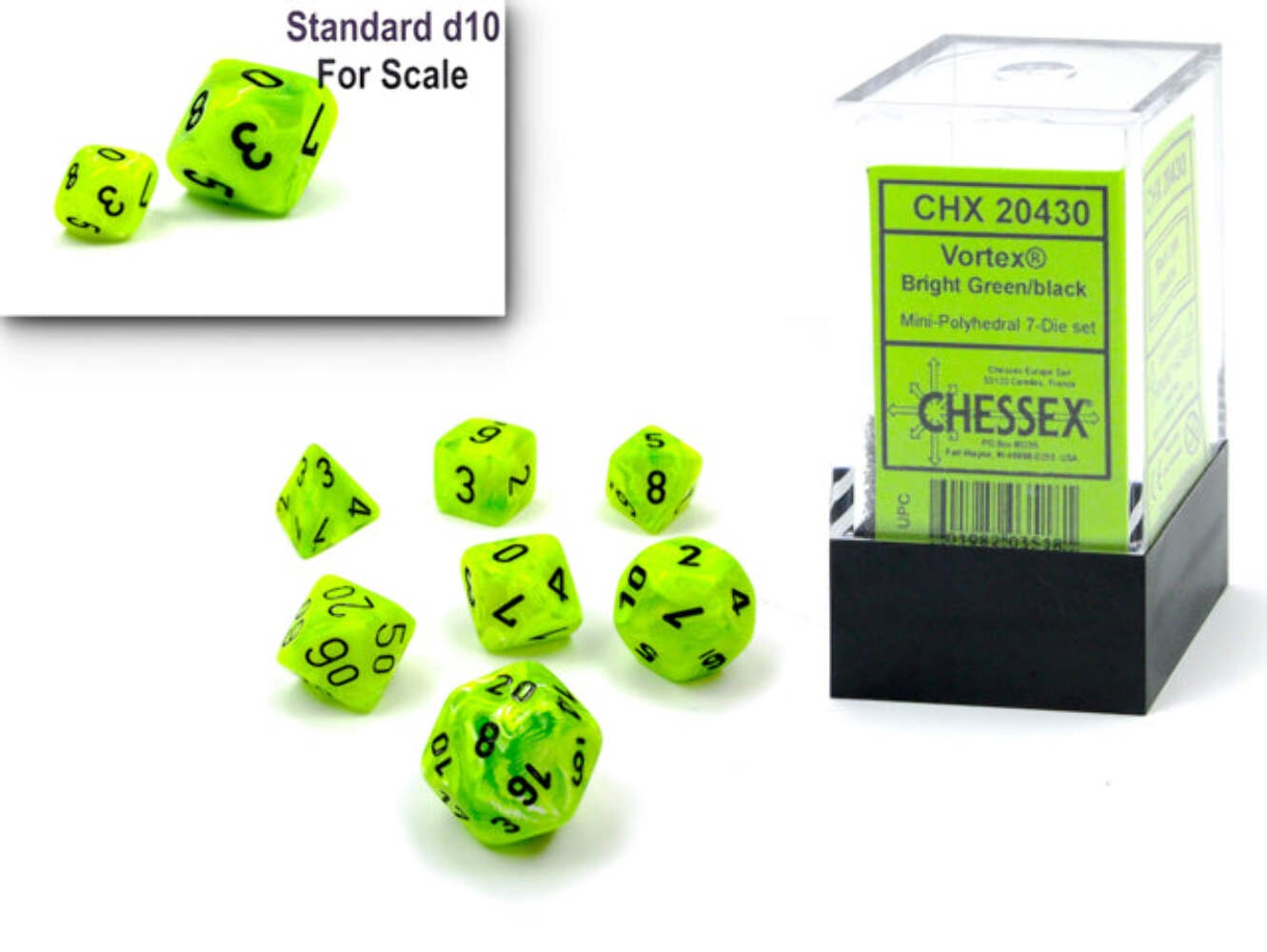 Chessex - Vortex Mini-hedral Bright Green/black 7-Die Set