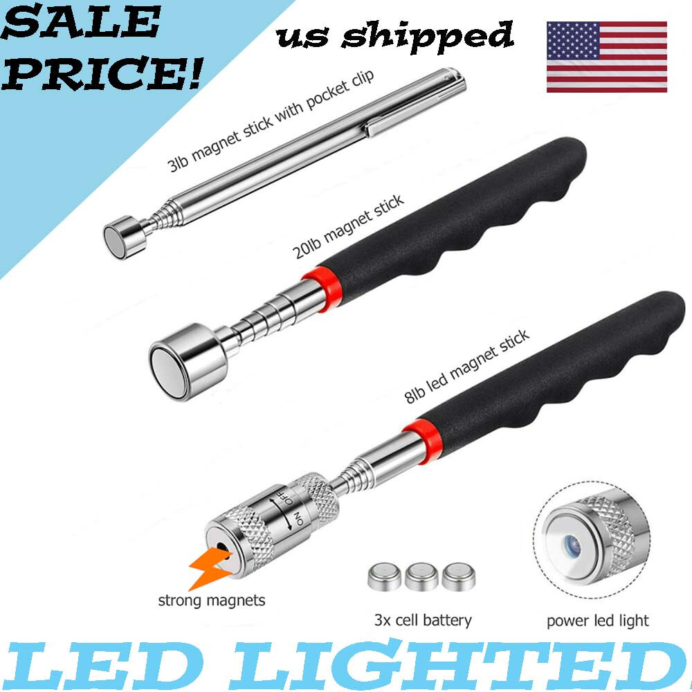 3pcs Magnet Pickup Tool Stick Telescoping Include 8 lb LED Light Grabber Extend