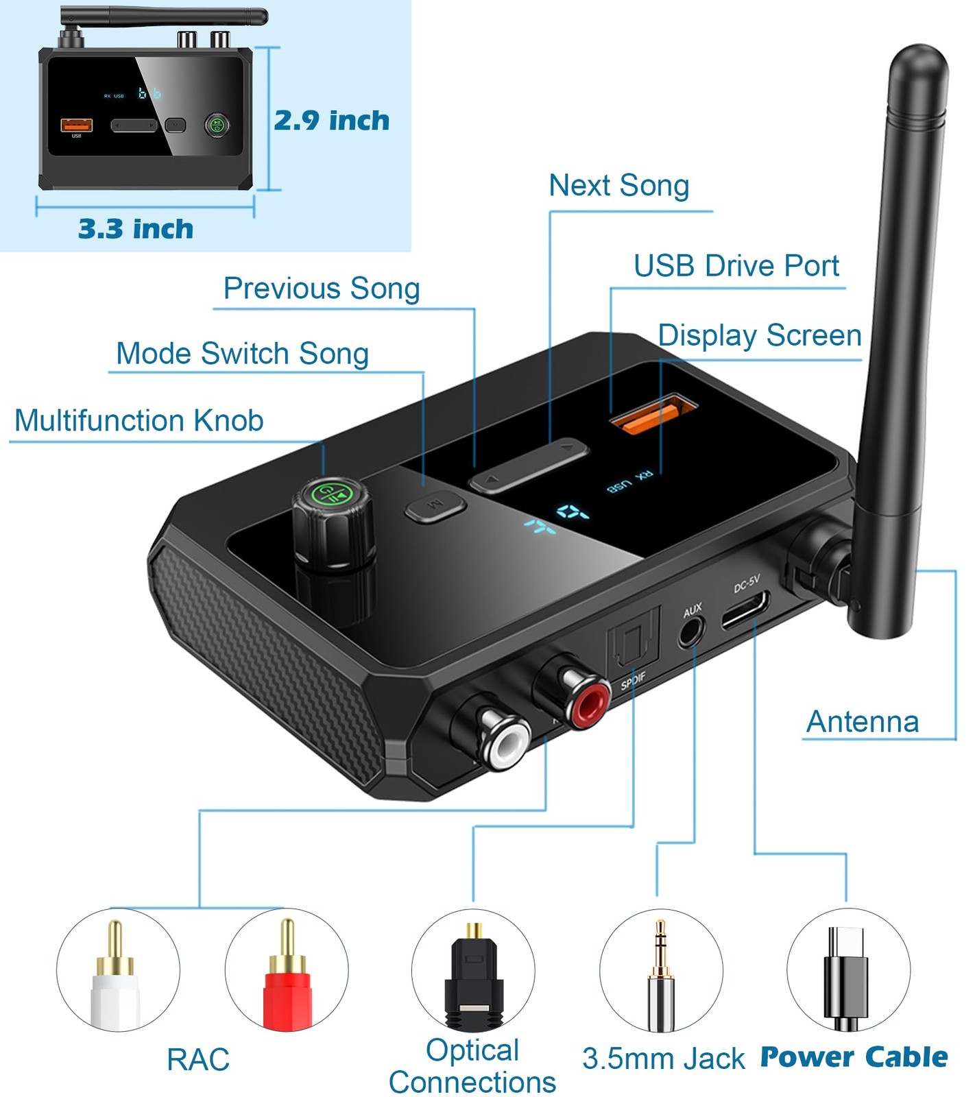KAIY Bluetooth 5.4 Receiver for Home Stereo, Optical Low Latency small, Black