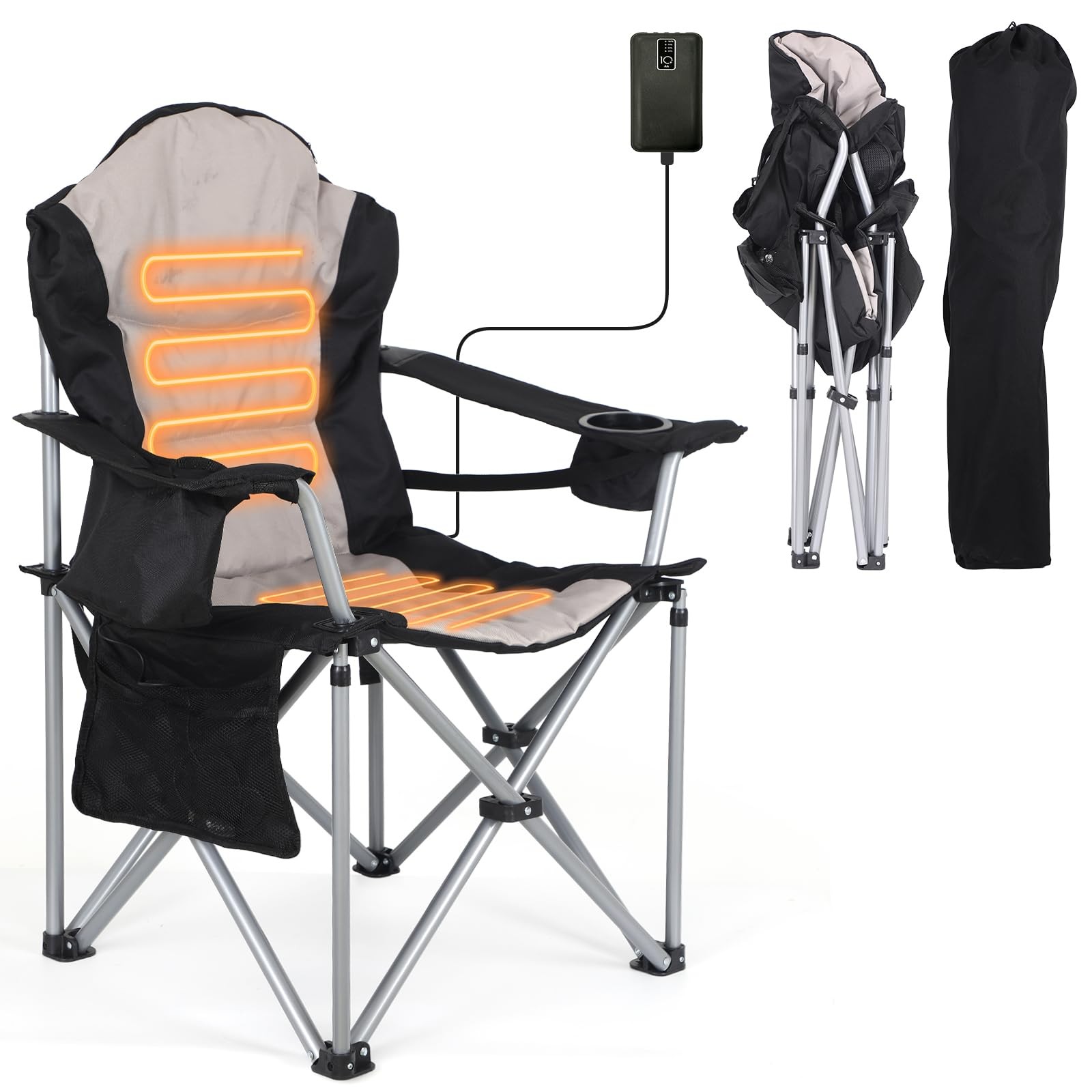 Heated Camp Chair with Removable Cushion Battery Pack Padded Cup Holder 1-Pack