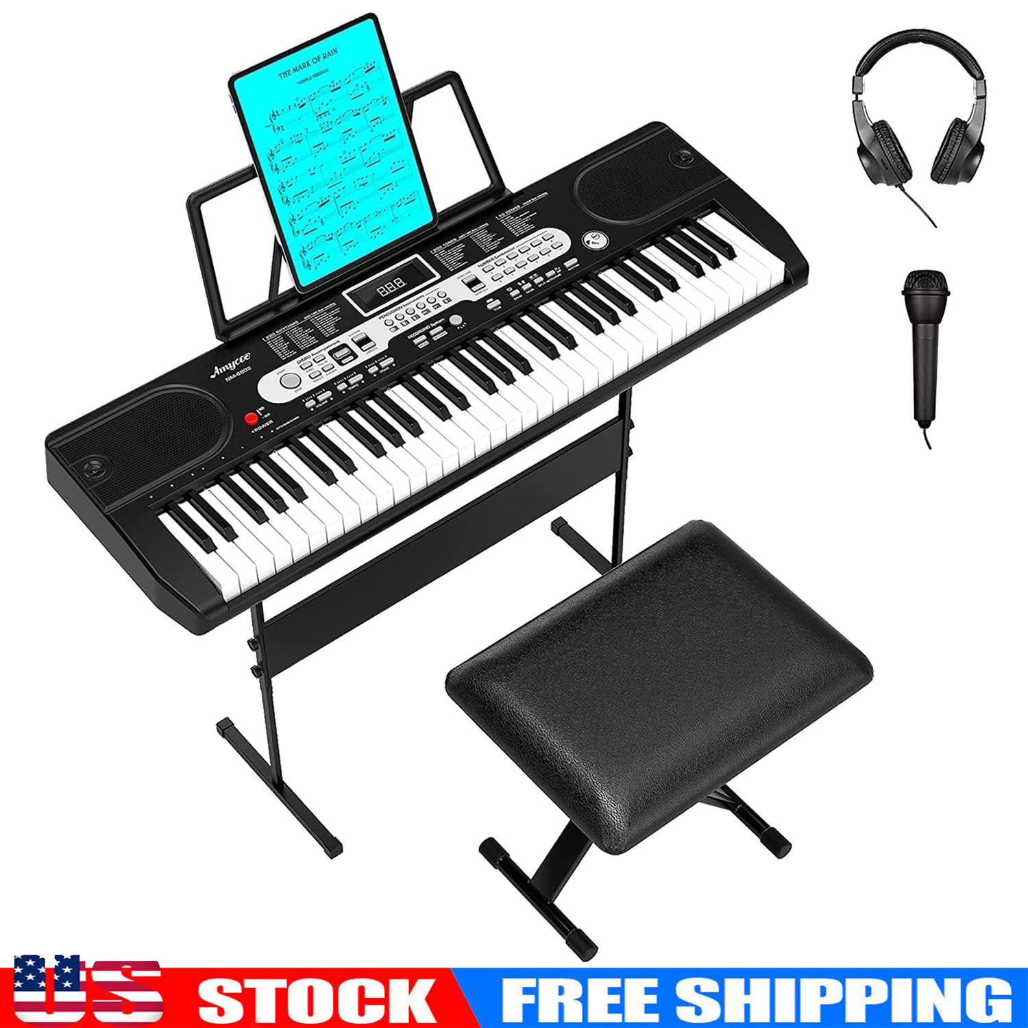 61 Key Piano Music Keyboard - Electronic Keyboard Stand Headphone Microphone