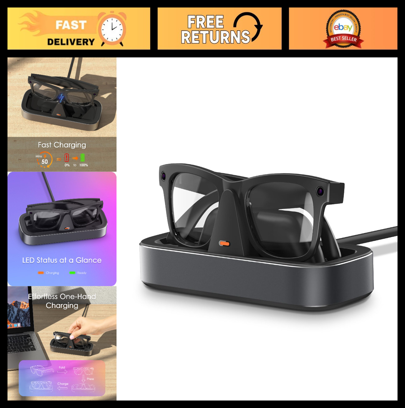 Universal Charging Station for Smart Glasses | One-Hand Dock with LED Indicator,