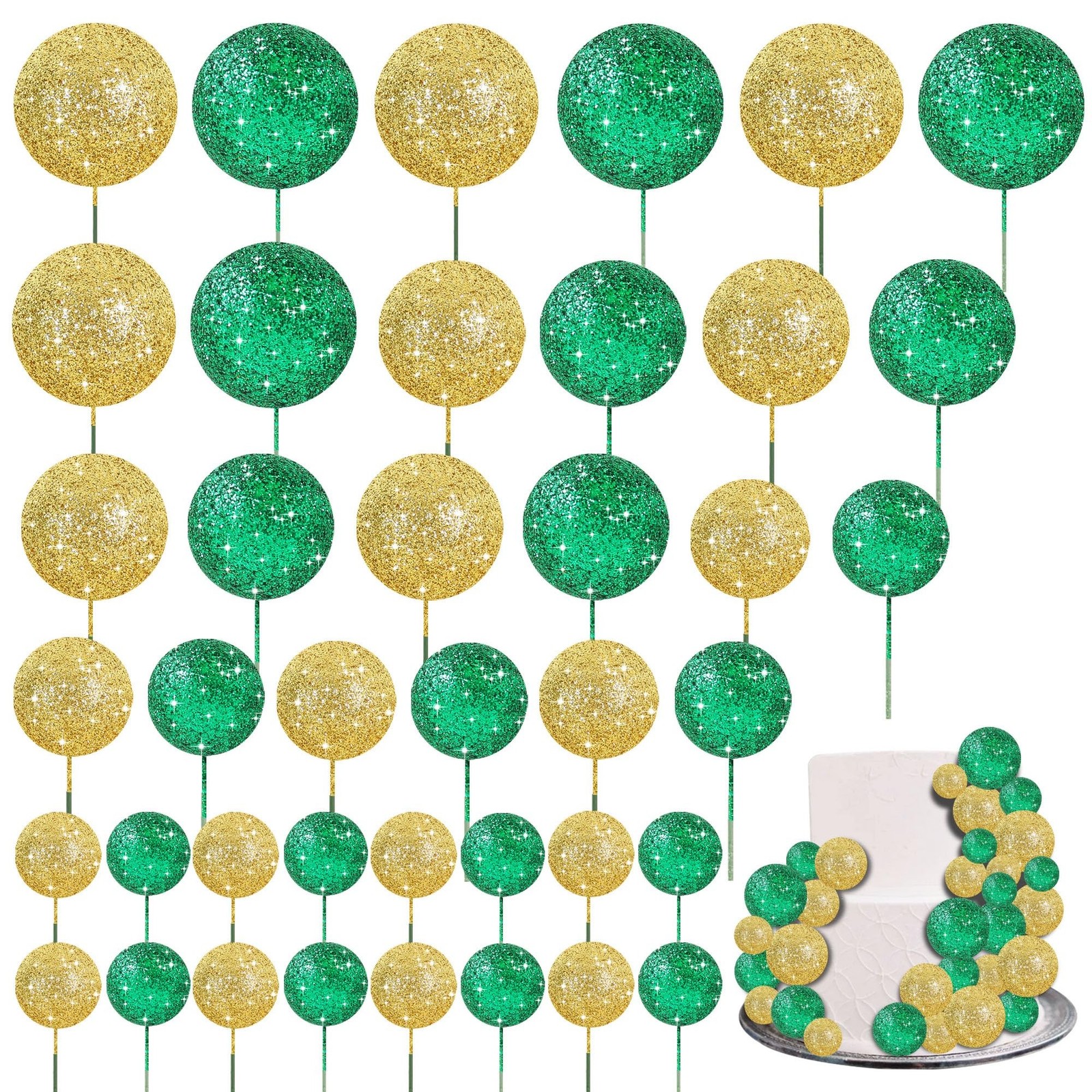 BEISHIDA 40 Pcs Ball Cake Toppers Mini Balls Cake Decorations Green Gold Foam...