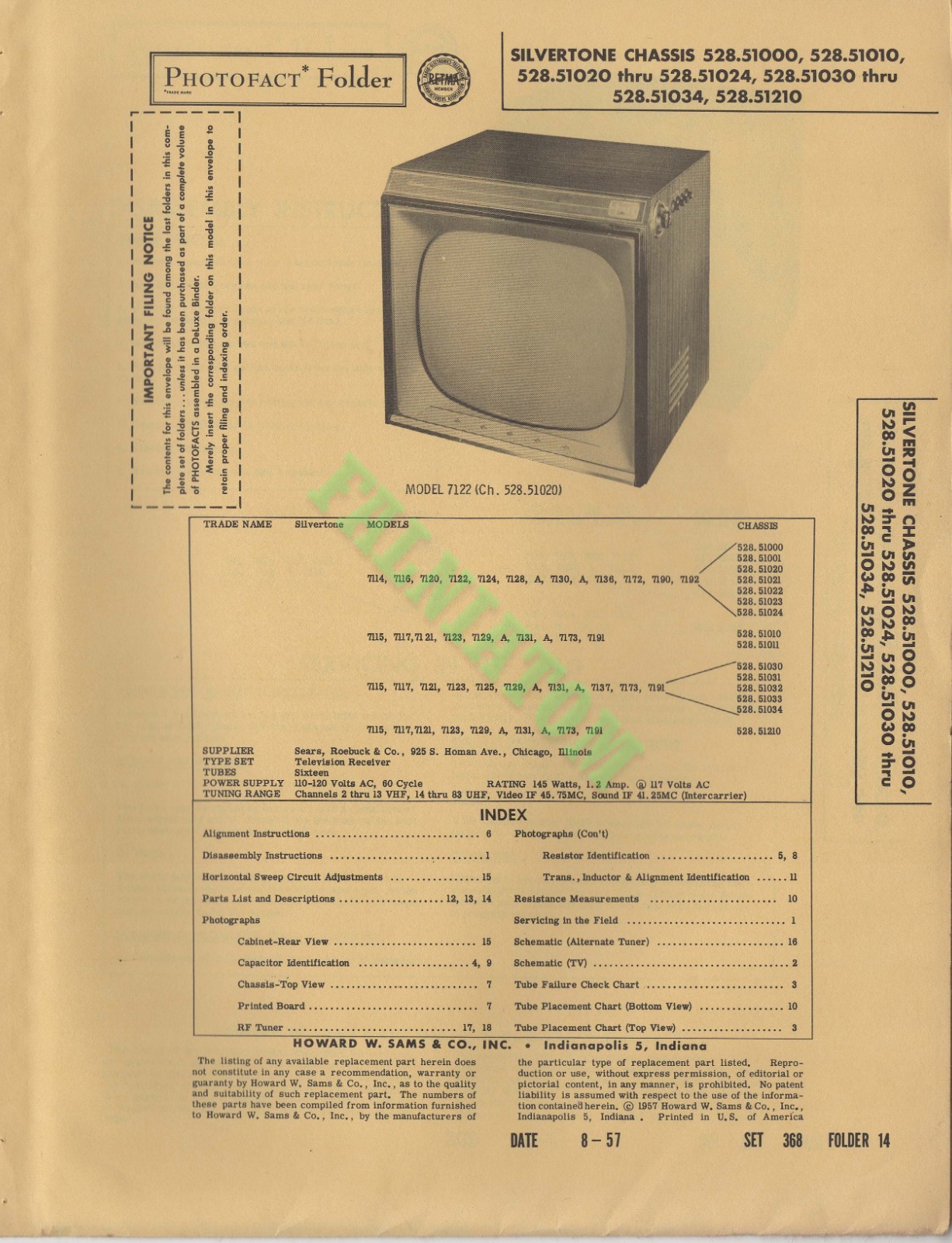 PhotoFact - Set 368  Folder 14 - Silvertone Chassis 528.51000  Others - 18 Pages
