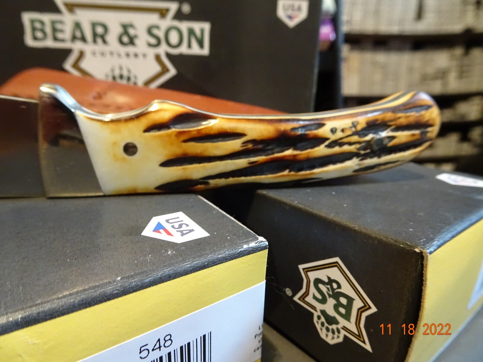 BEAR & SONS CUTLERY 7" DROP POINT HUNTER INDIA STAG BONE HANDLE LEA SH MADE USA
