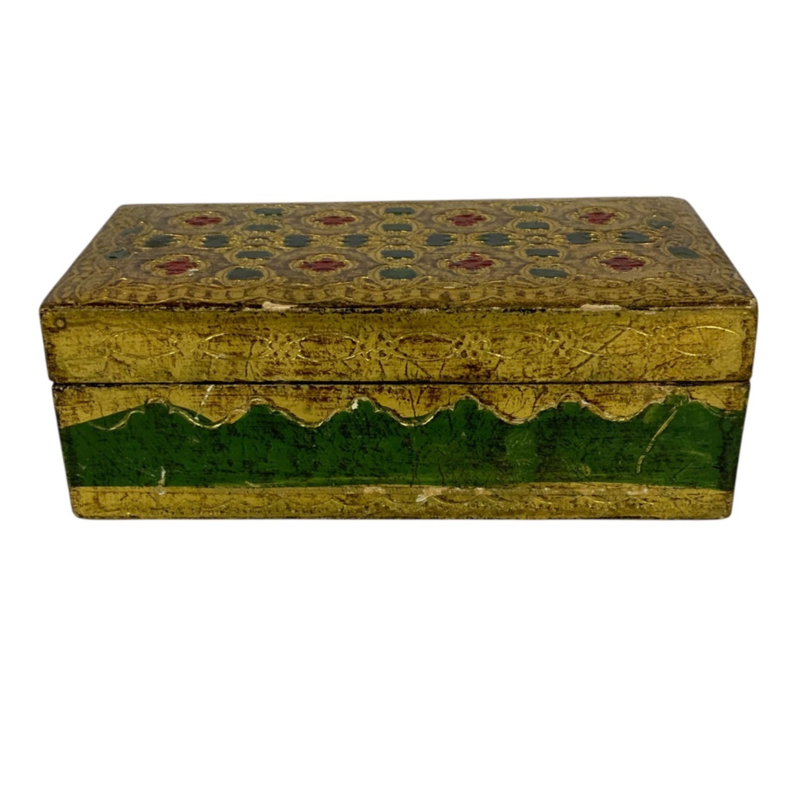 Florentine Gold & Green Hand-Painted Trinket Box Floral Design Made In Italy