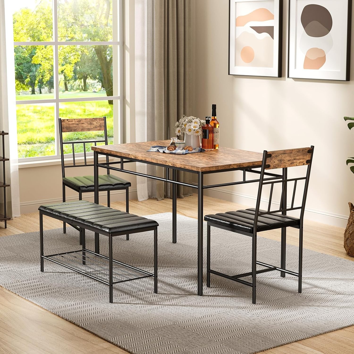 4-Piece Modern Dining Table Set Kitchen Table W/ Upholstered Chairs & Bench US