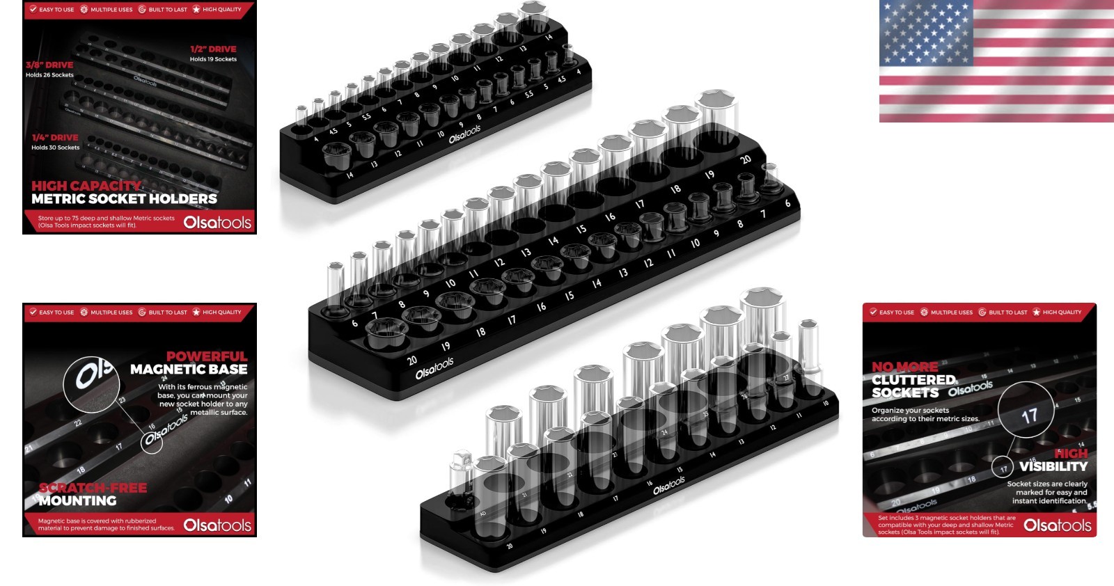 Efficient Magnetic Socket Organizer - 3-Piece Set for Deep & Shallow Sockets