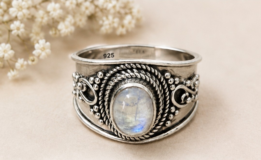 Sterling Silver Moonstone Boho Statement Ring Nickel-Free Oval Natural Gemstone
