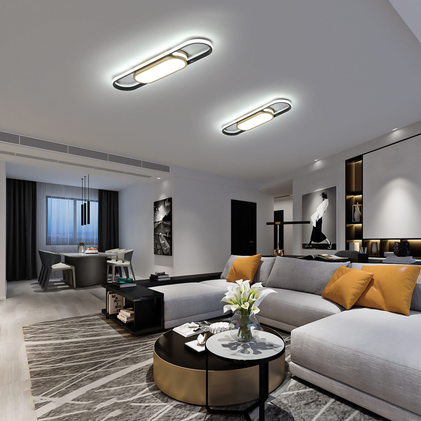 Modern Linear LED Flush Mount Ceiling Light Fixture Dimmable Ceiling Lamp+Remote